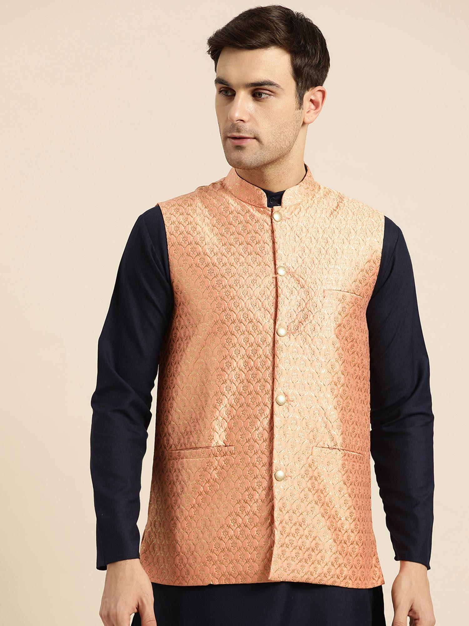 mens silk blend peach & gold self design nehru jacket