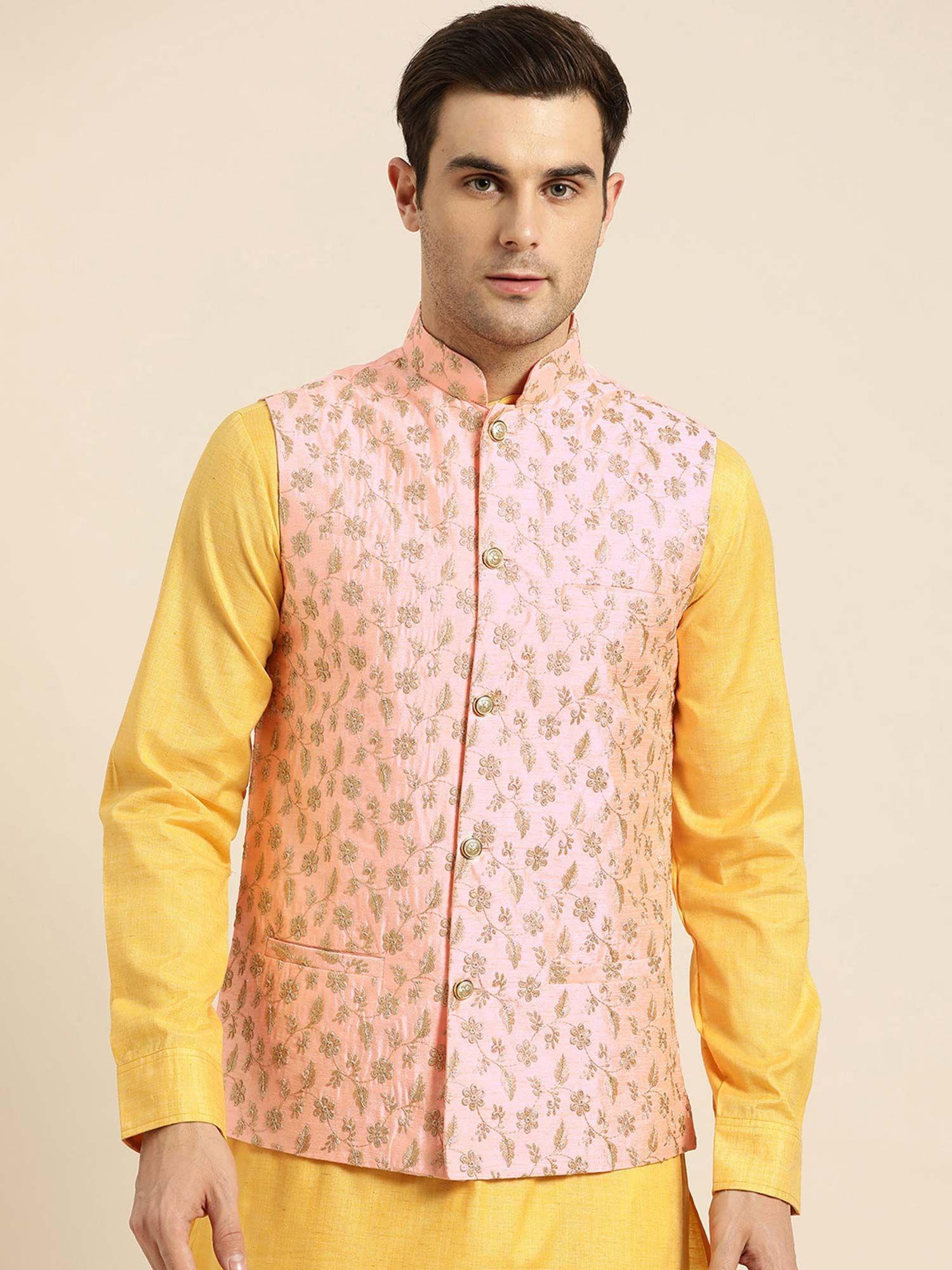 mens silk blend pink & gold embroidered nehru jacket