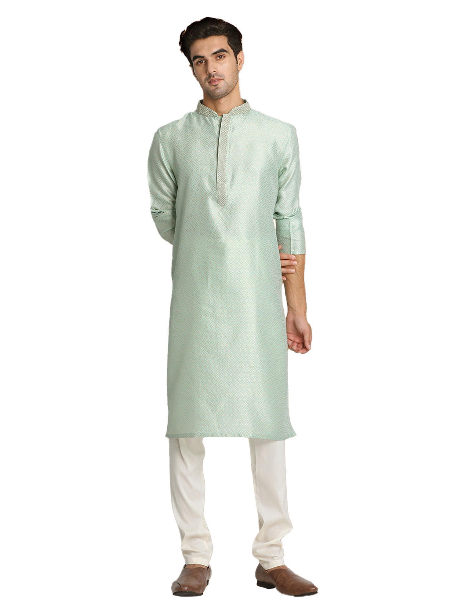 mens silk blend self design kurta pencil bottom pajamas (set of 2)