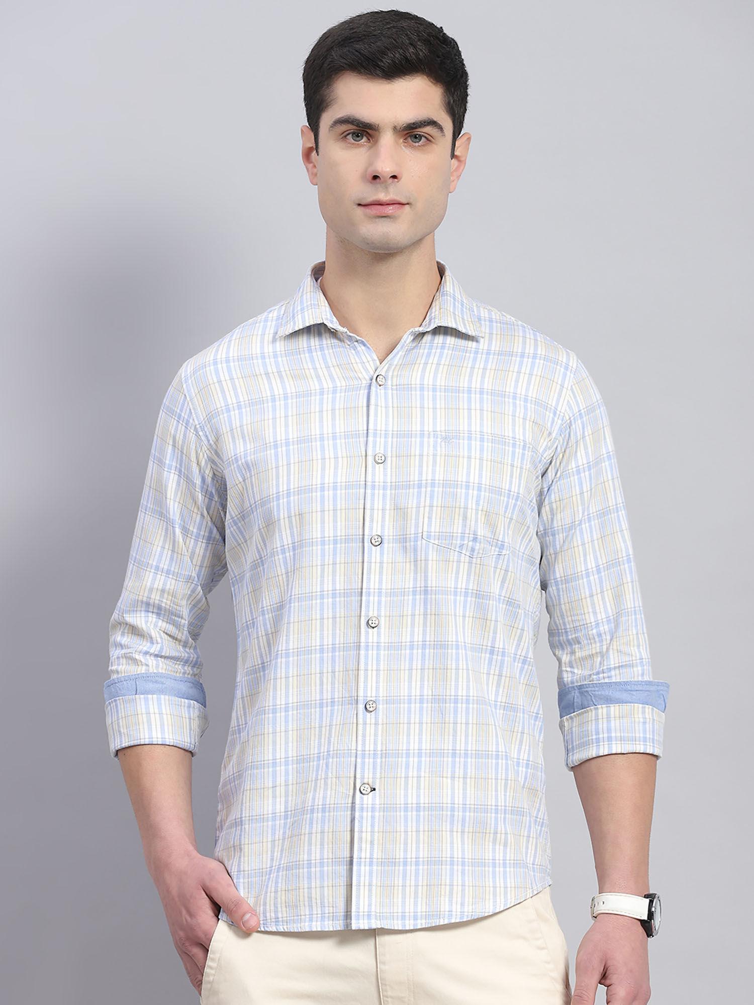 mens sky blue cotton checkered collared neck full sleeve casual shirt