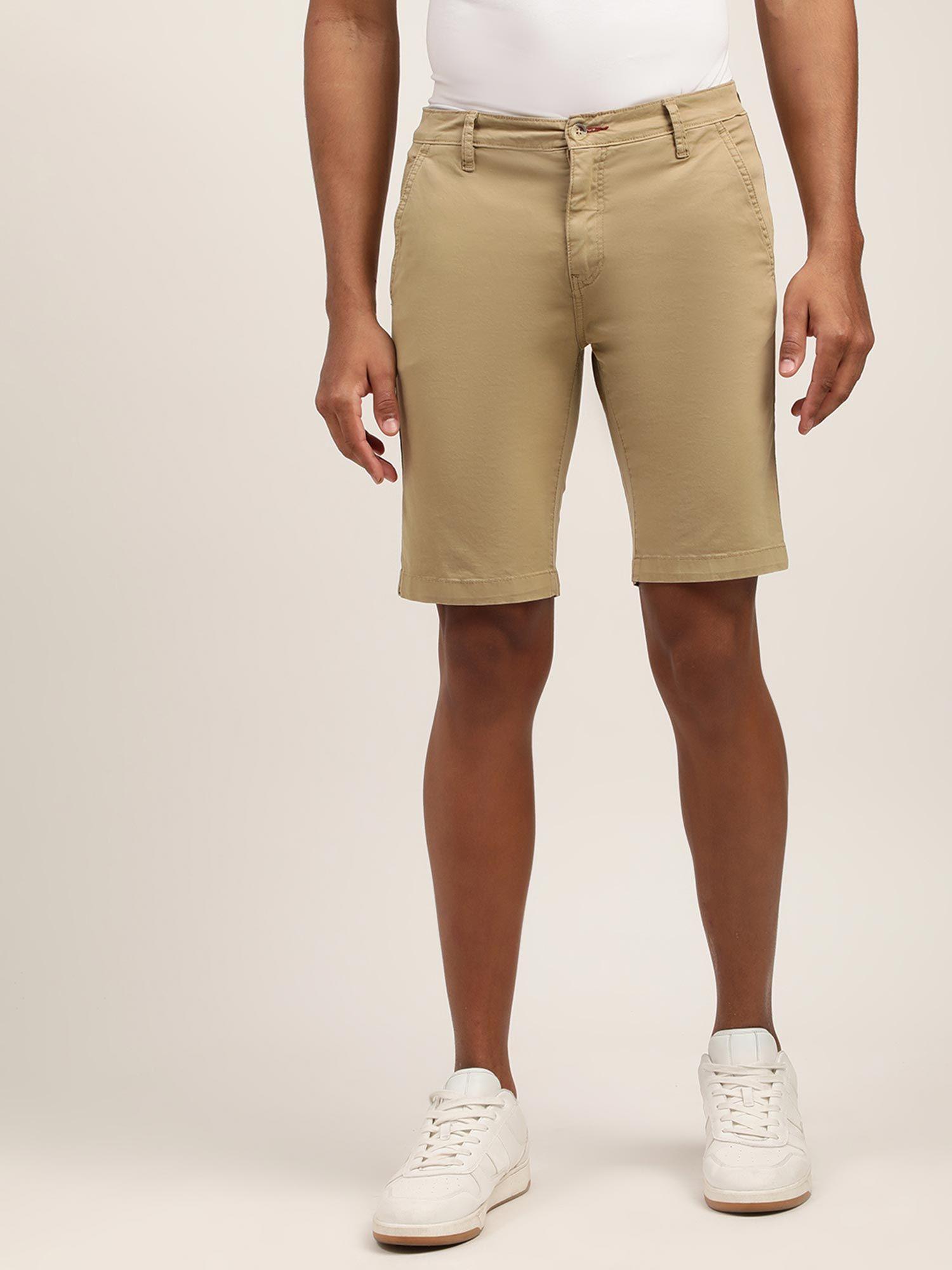mens solid beige regular shorts