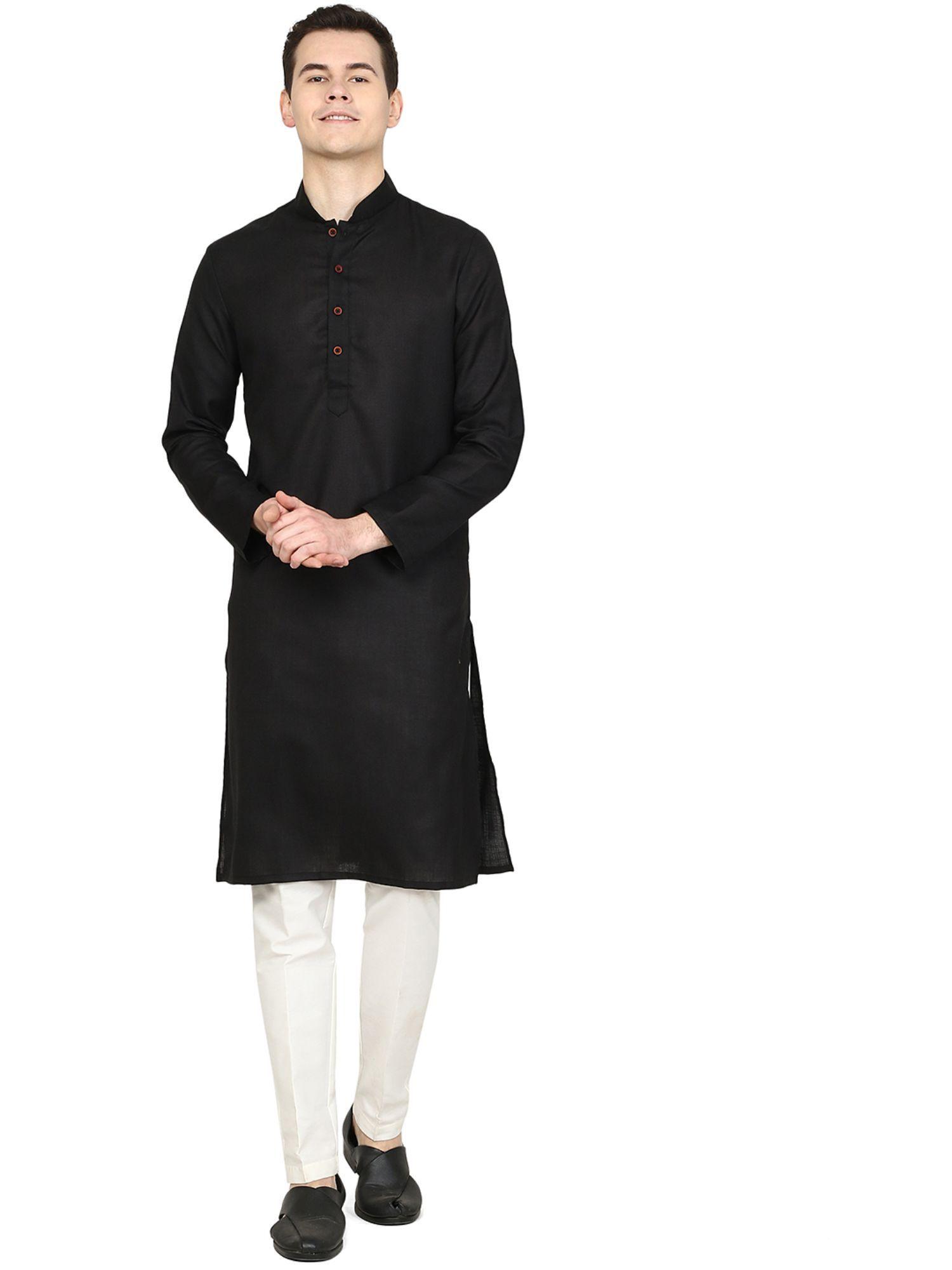 mens solid black cotton blend kurta