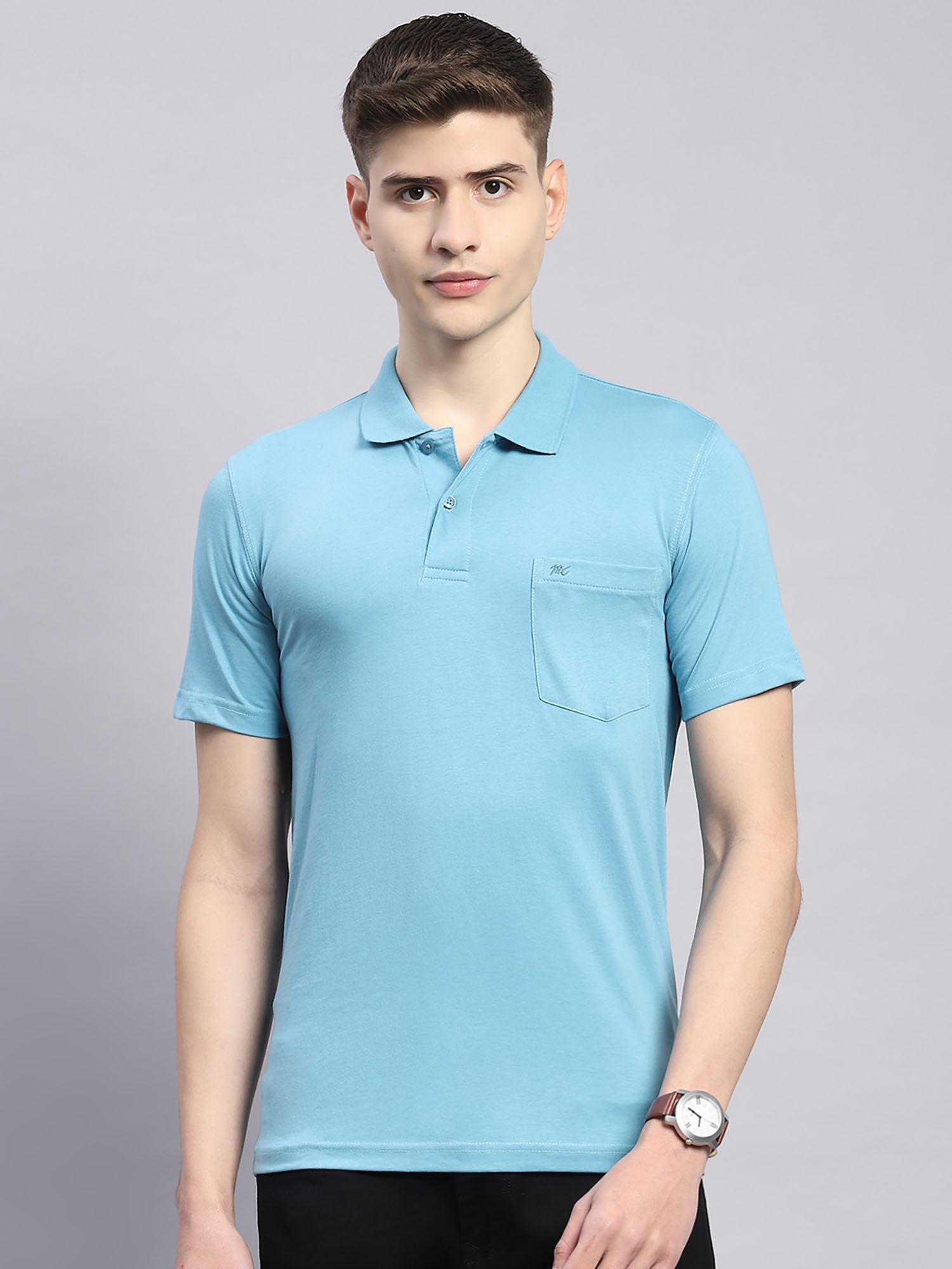 mens solid blue cotton blend polo collar half sleeve casual t-shirt