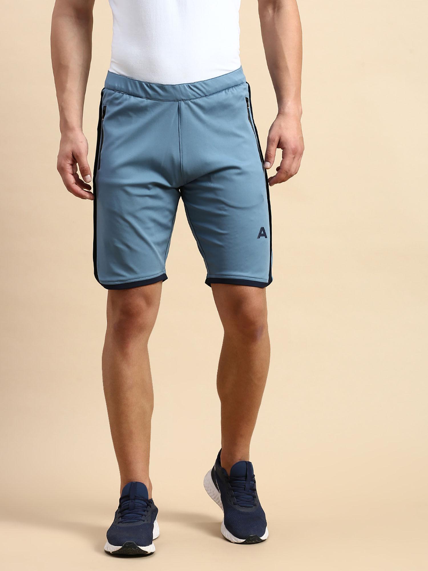 mens solid blue mid-rise regular shorts
