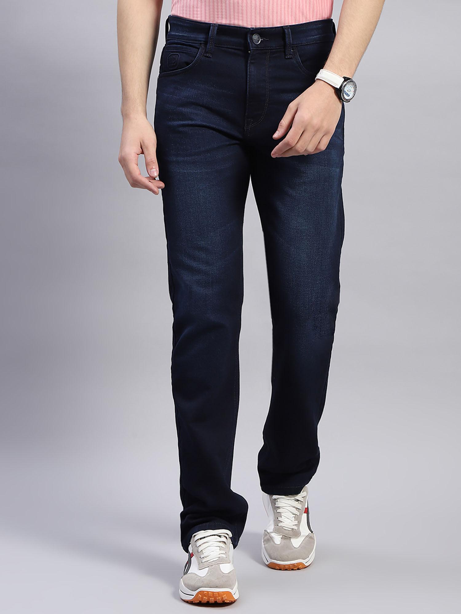 mens solid dark blue straight fit casual jeans