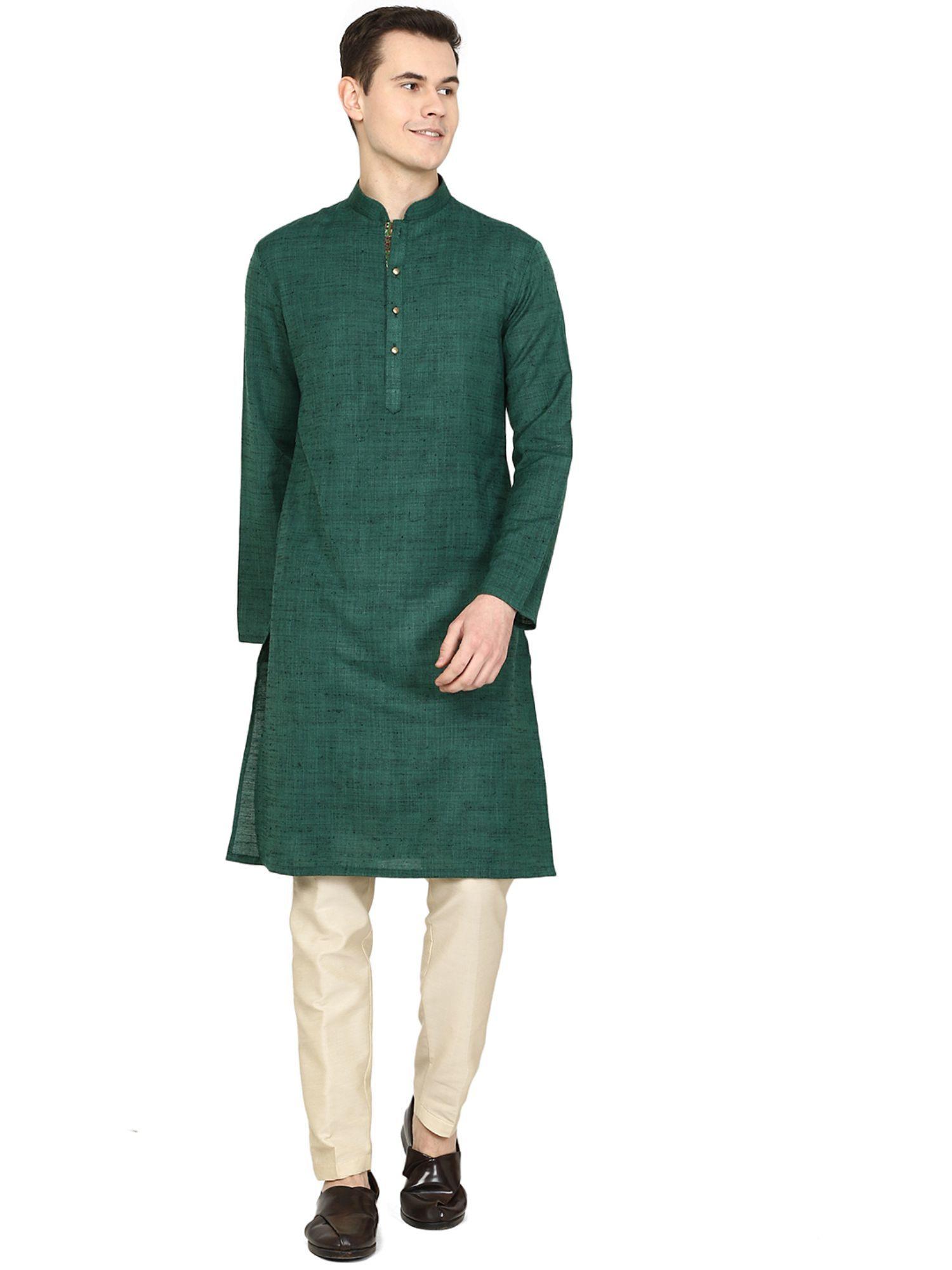 mens solid forest green silk blend kurta