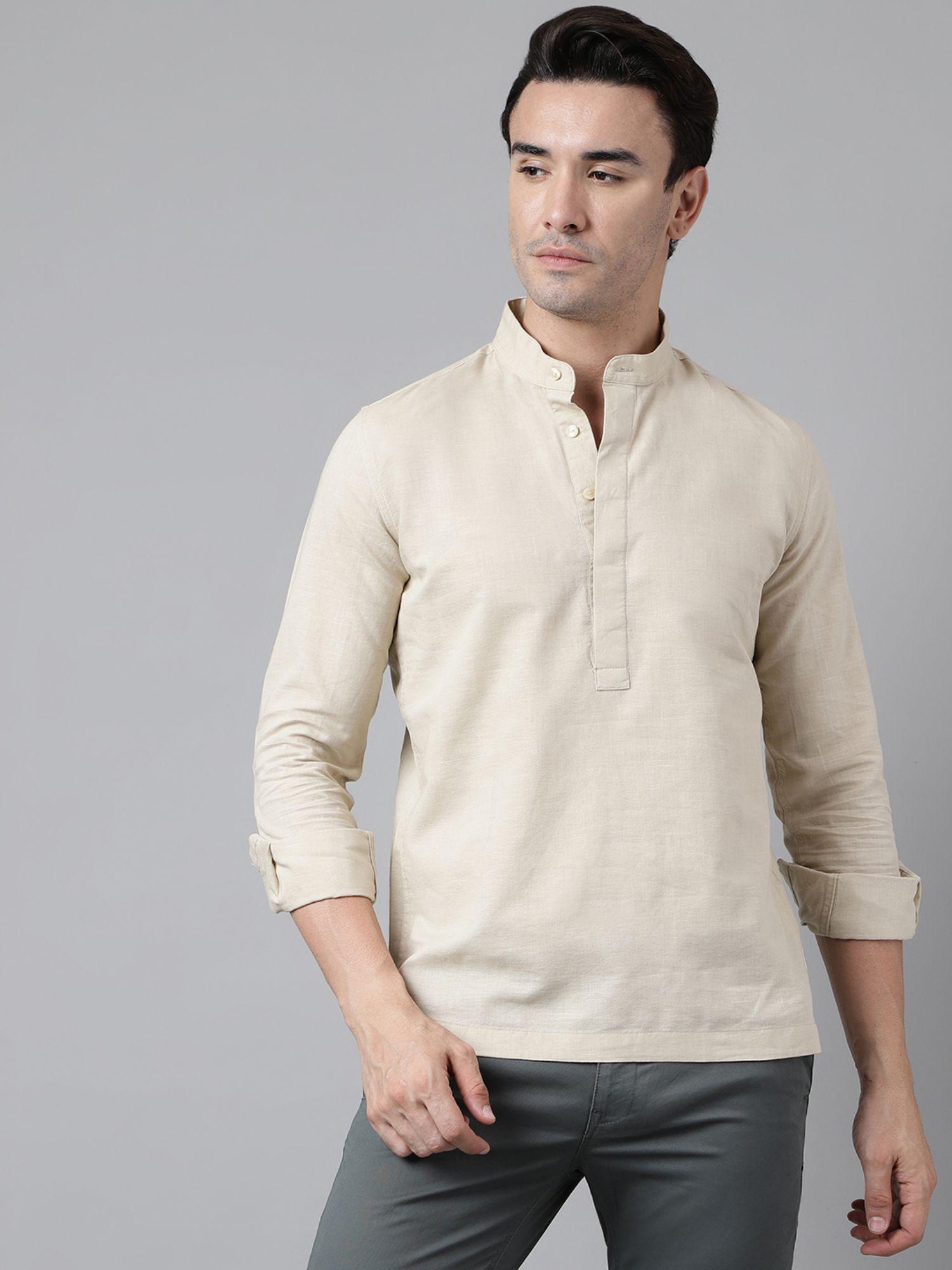 mens solid full sleeves beige casual shirt