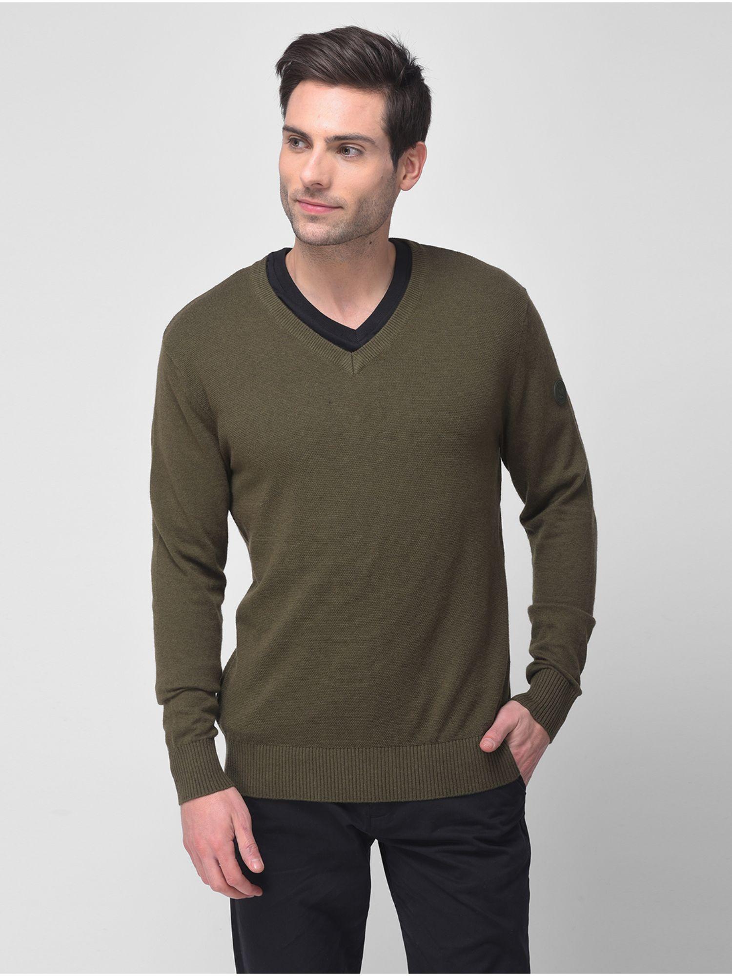 mens solid full sleeves green sweater