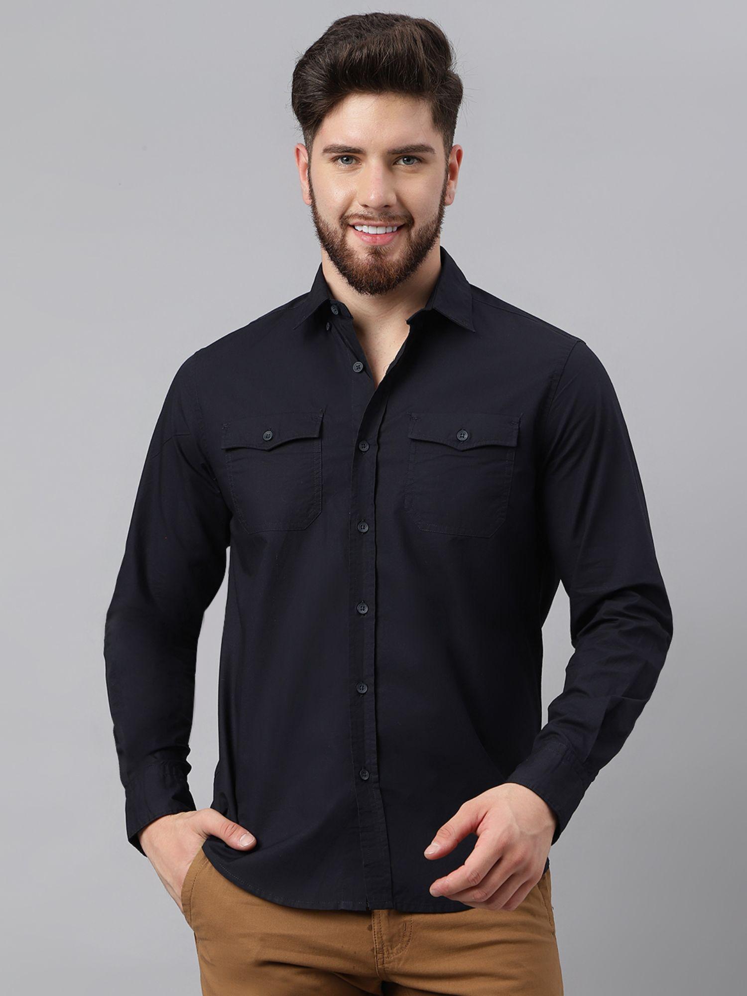 mens solid full sleeves navy blue casual shirt