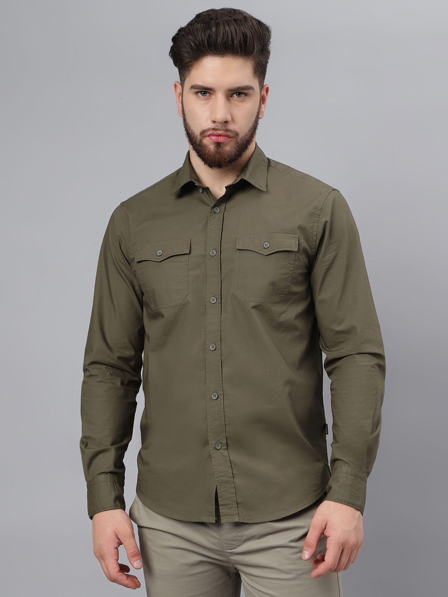 mens solid full sleeves olive casual shirt