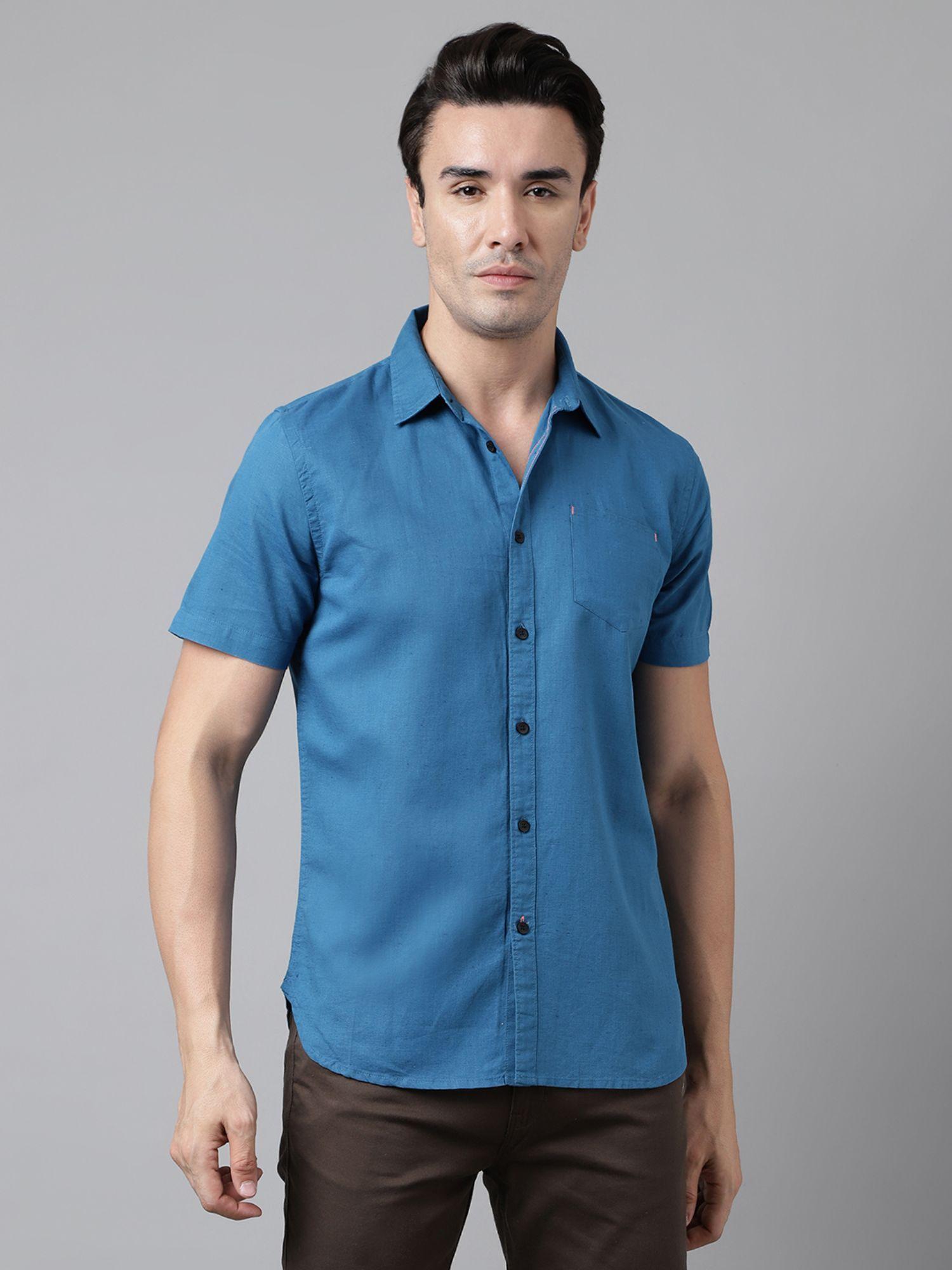 mens solid half sleeves blue casual shirt