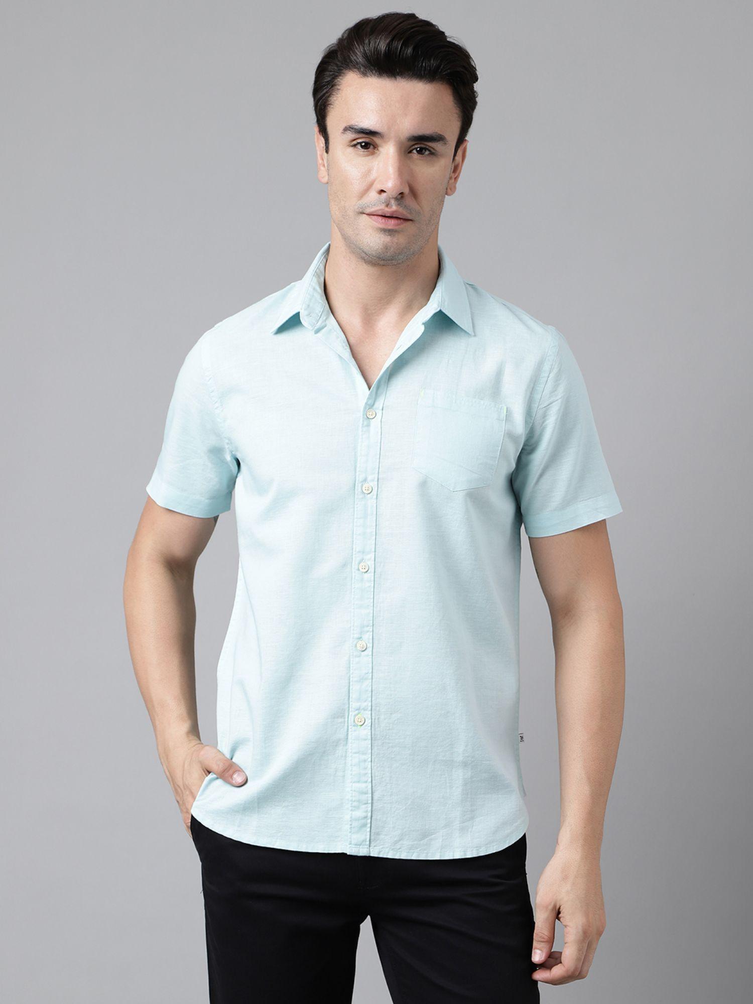 mens solid half sleeves blue casual shirt