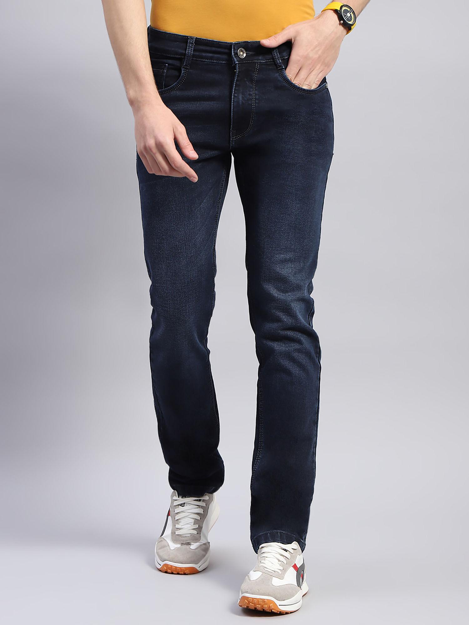 mens solid indigo blue straight fit casual jeans