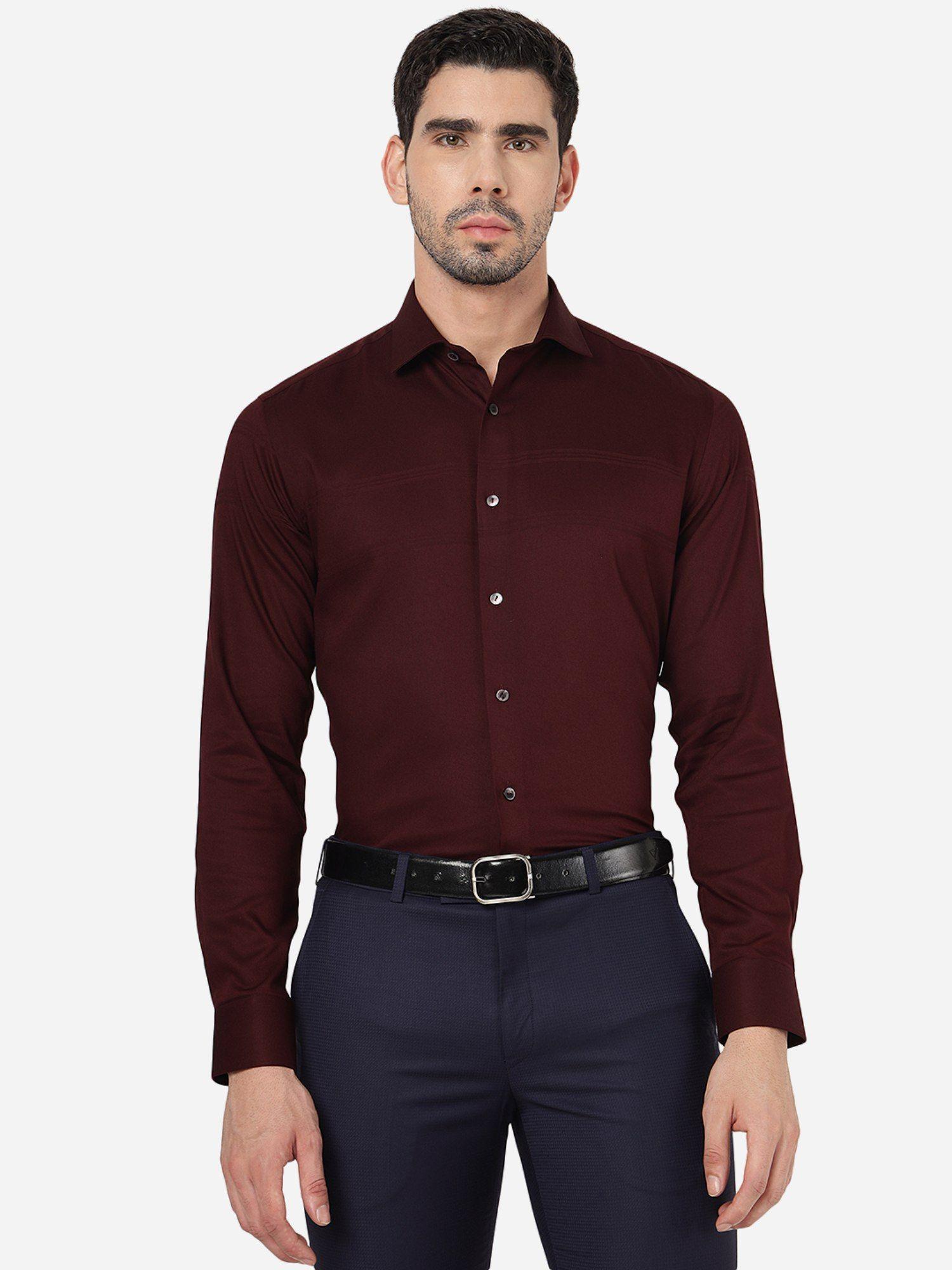 mens solid maroon slim fit full sleeve party wear shirt