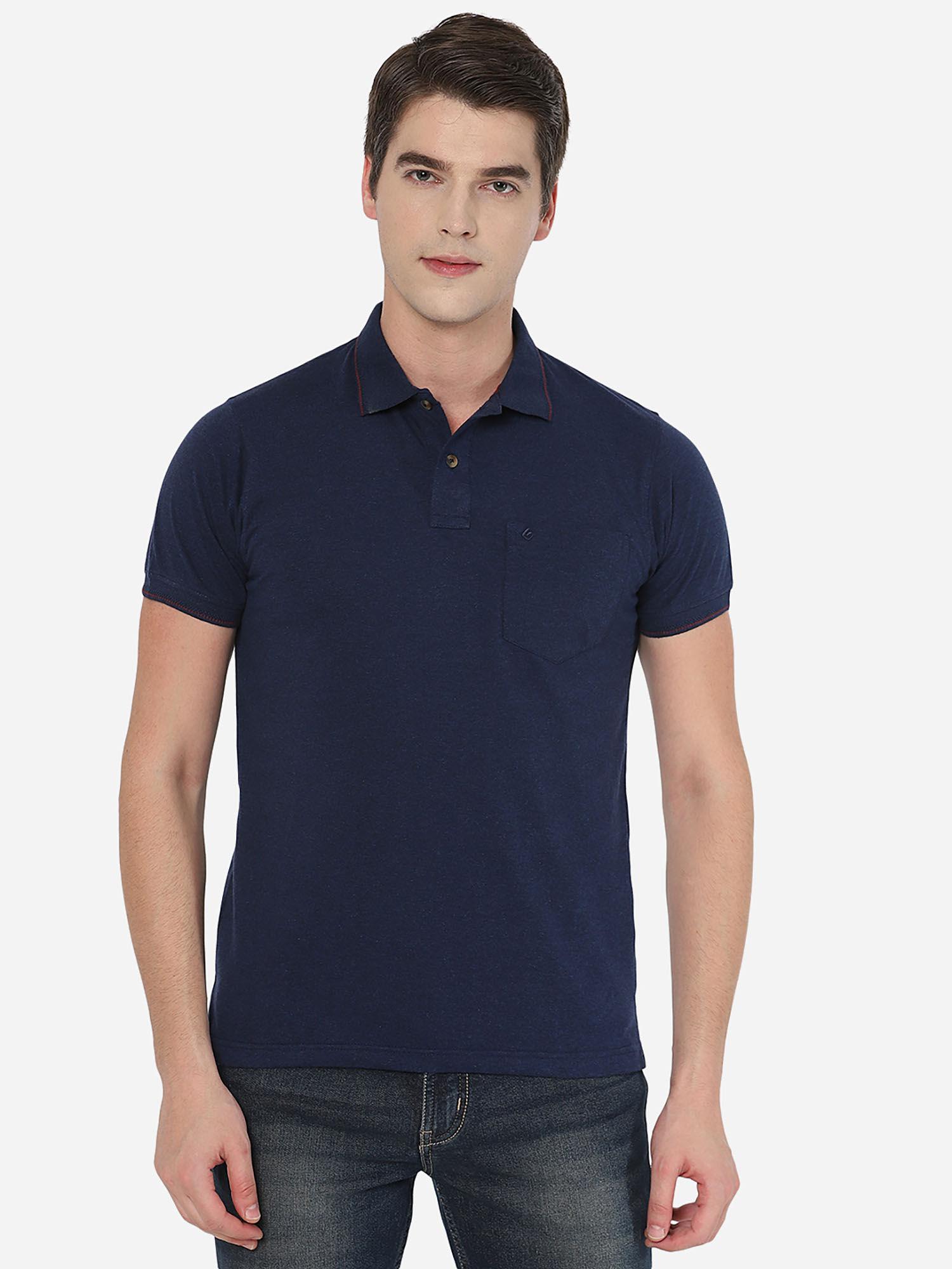 mens solid navy blue cotton blend slim fit polo t-shirt