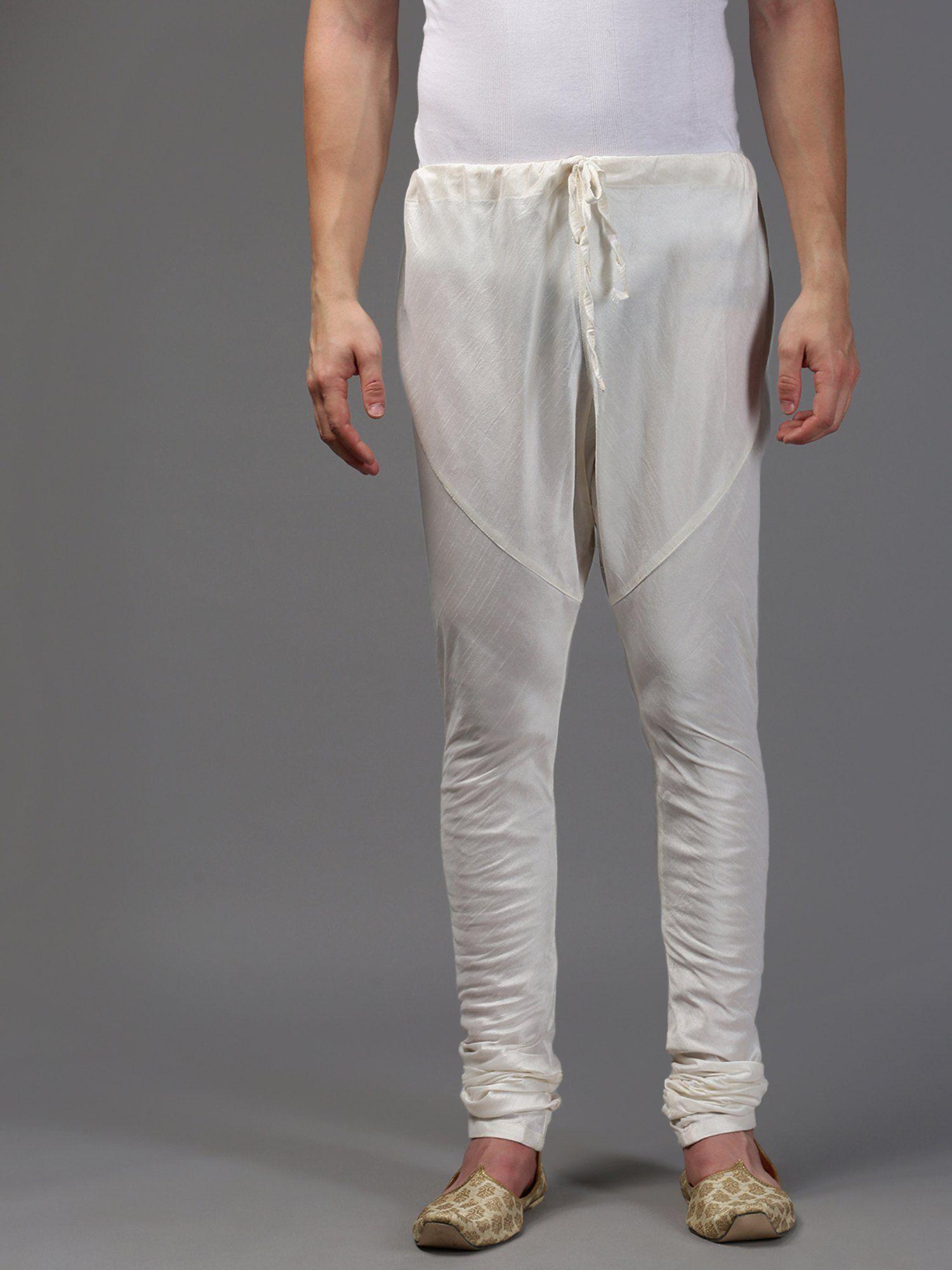 mens solid off white colour art silk churidar pyjamas