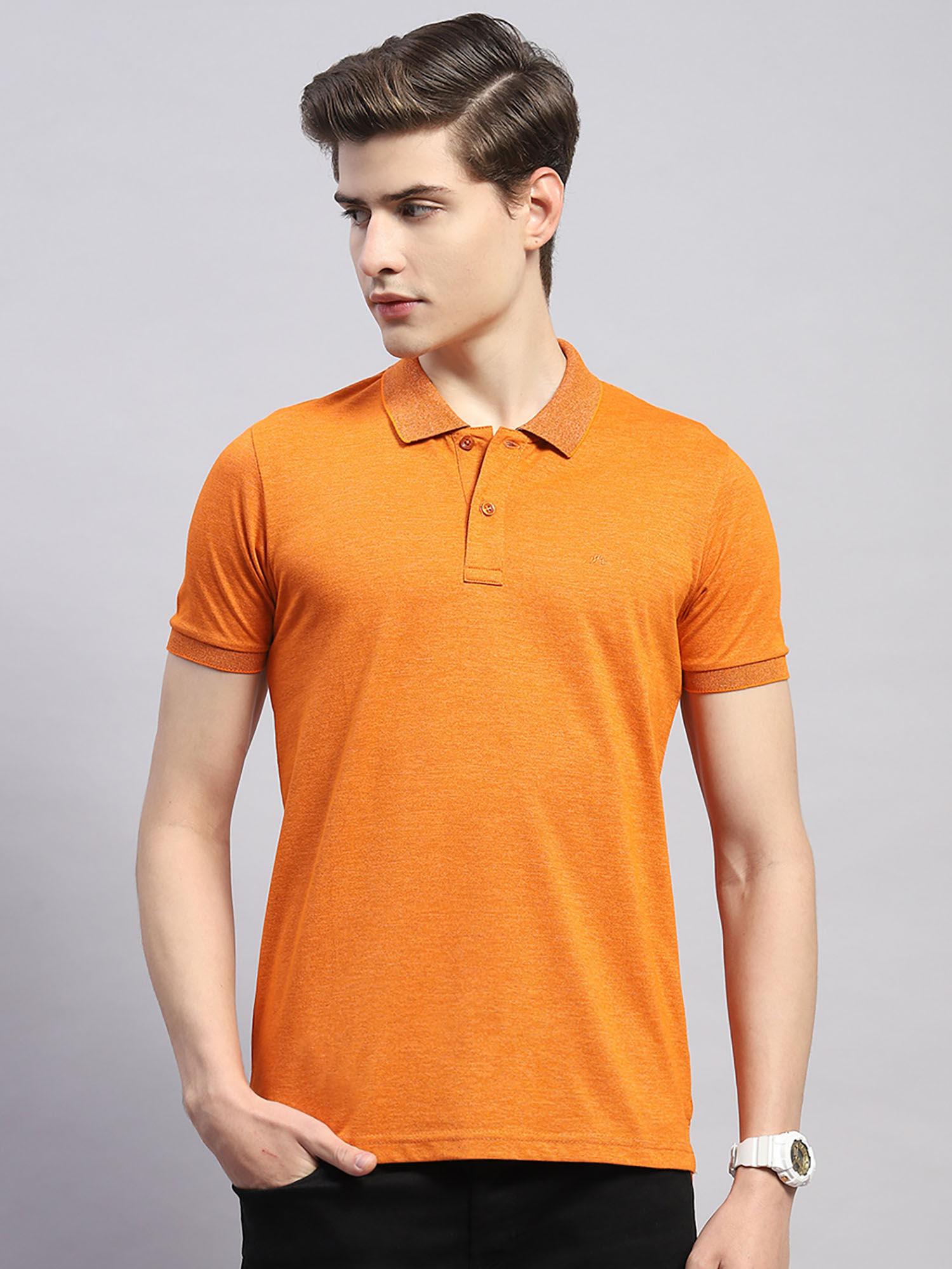 mens solid orange cotton blend polo collar half sleeve slim fit casual t-shirt
