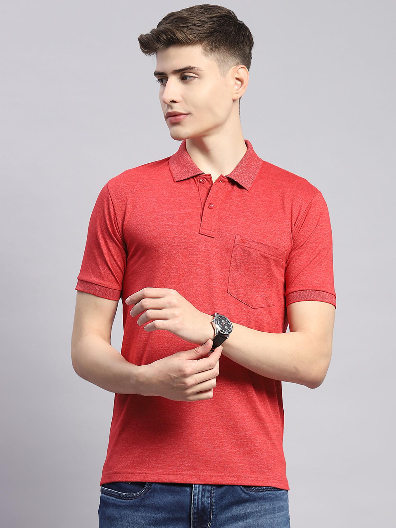 mens solid red cotton blend polo collar half sleeve casual t-shirt