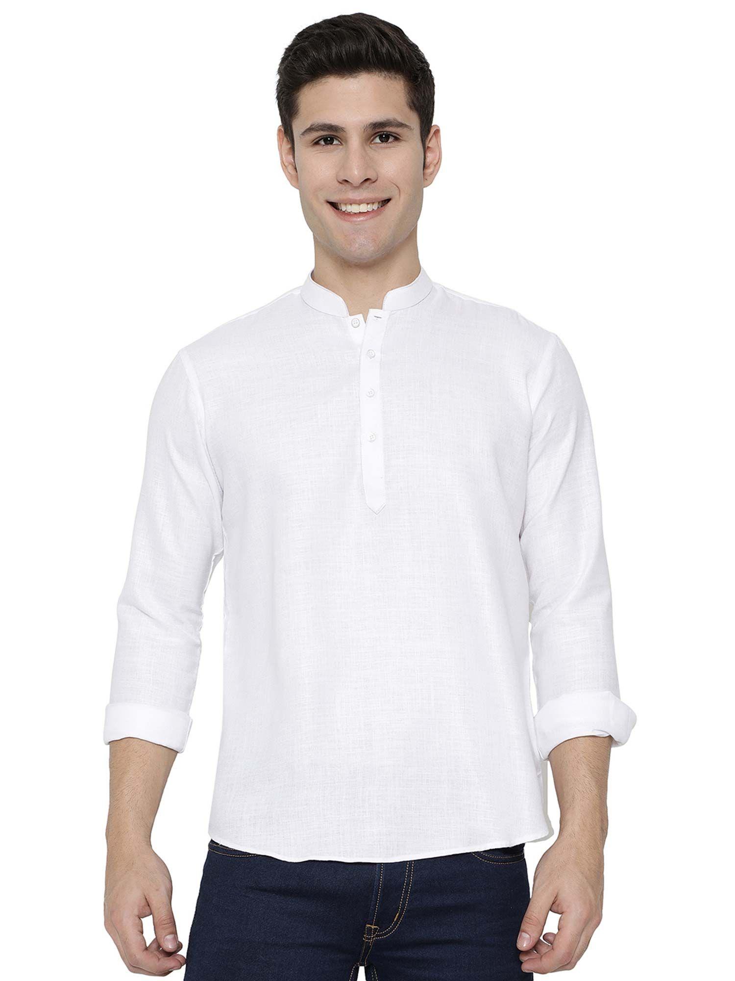 mens solid white cotton slim fit short kurta