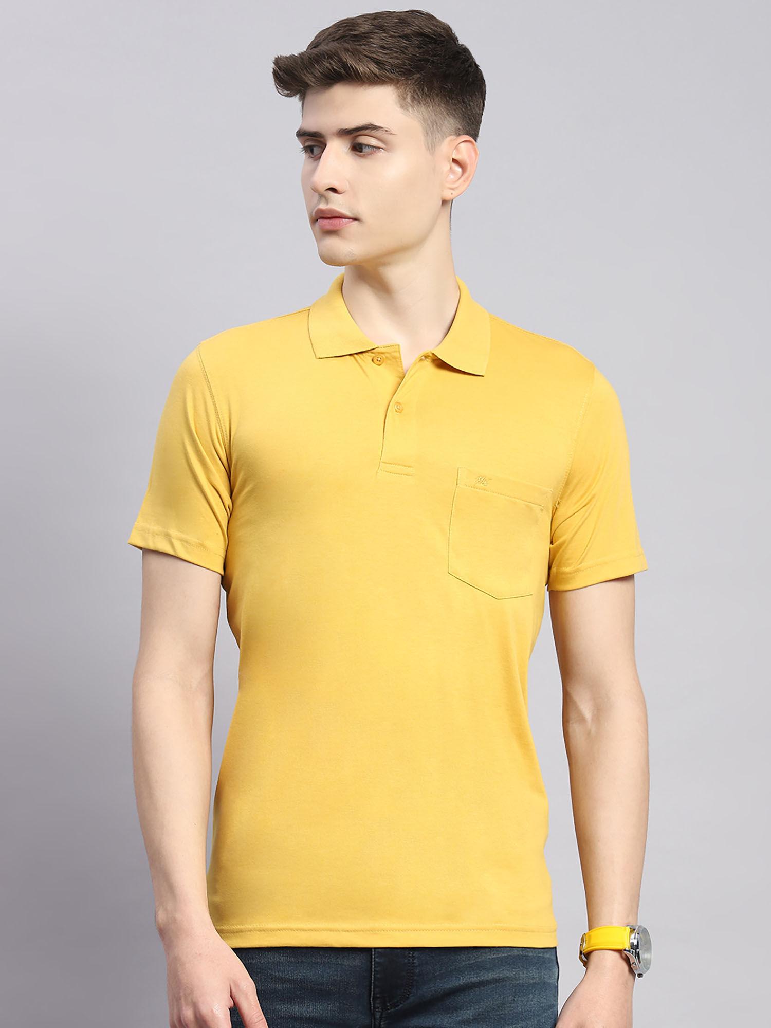 mens solid yellow cotton blend polo collar half sleeve casual t-shirt