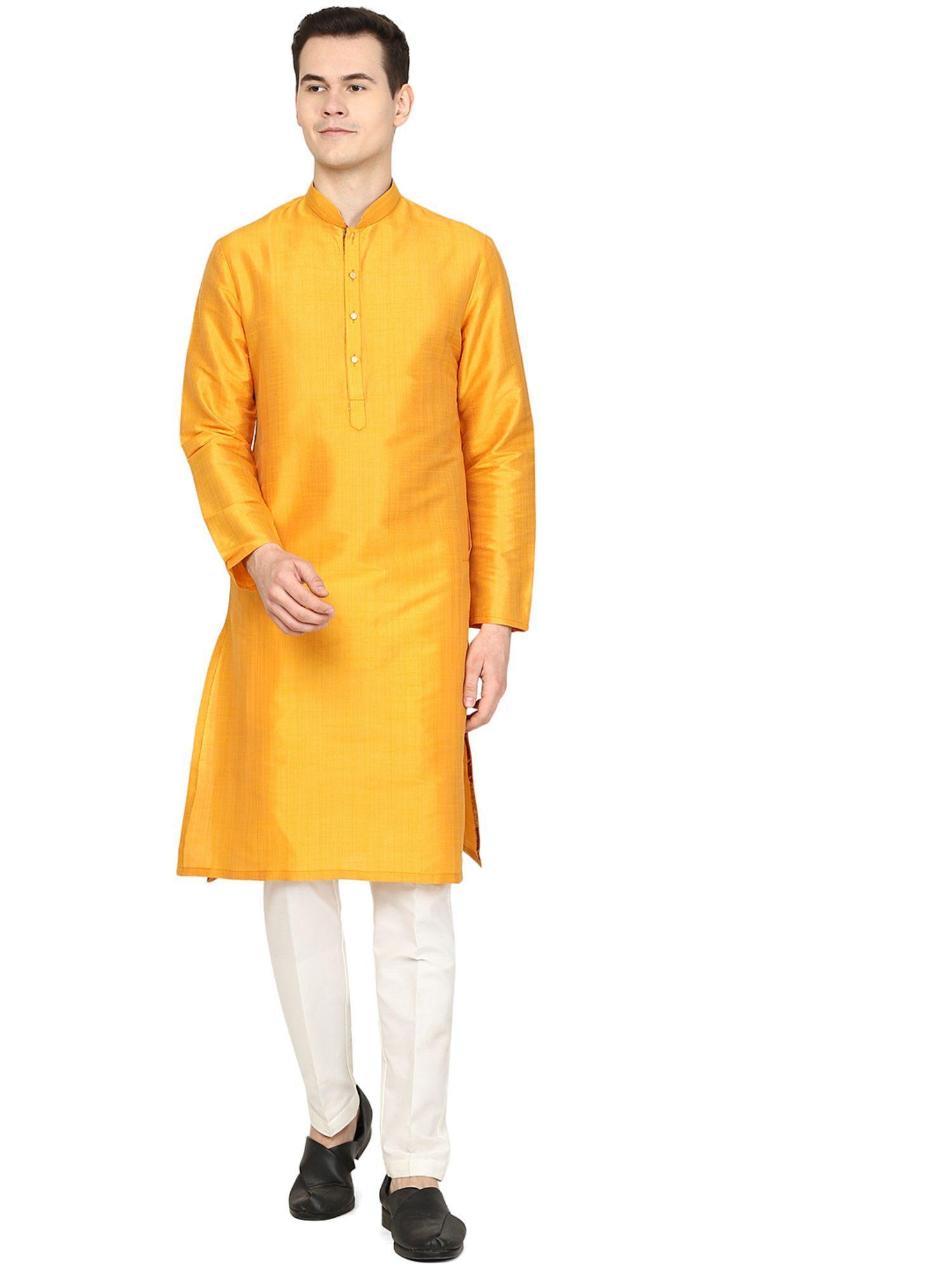 mens solid yellow silk blend kurta