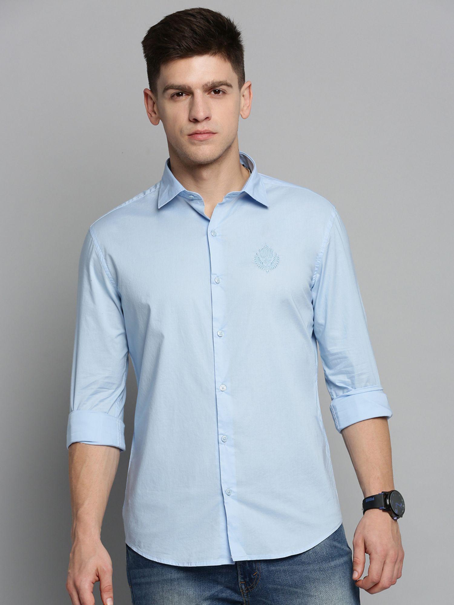 mens spread collar blue self design shirt