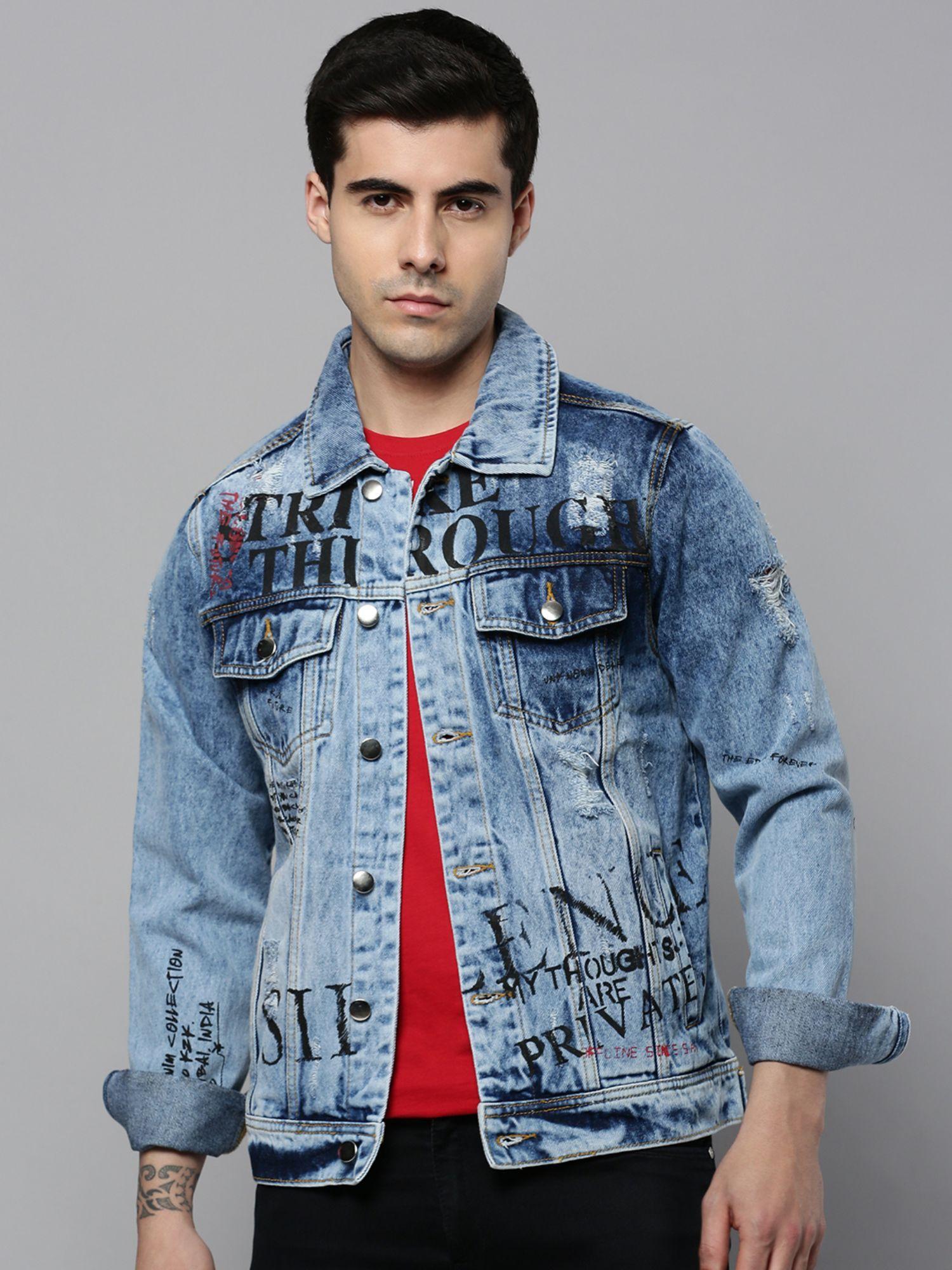 mens spread collar blue solid denim jacket