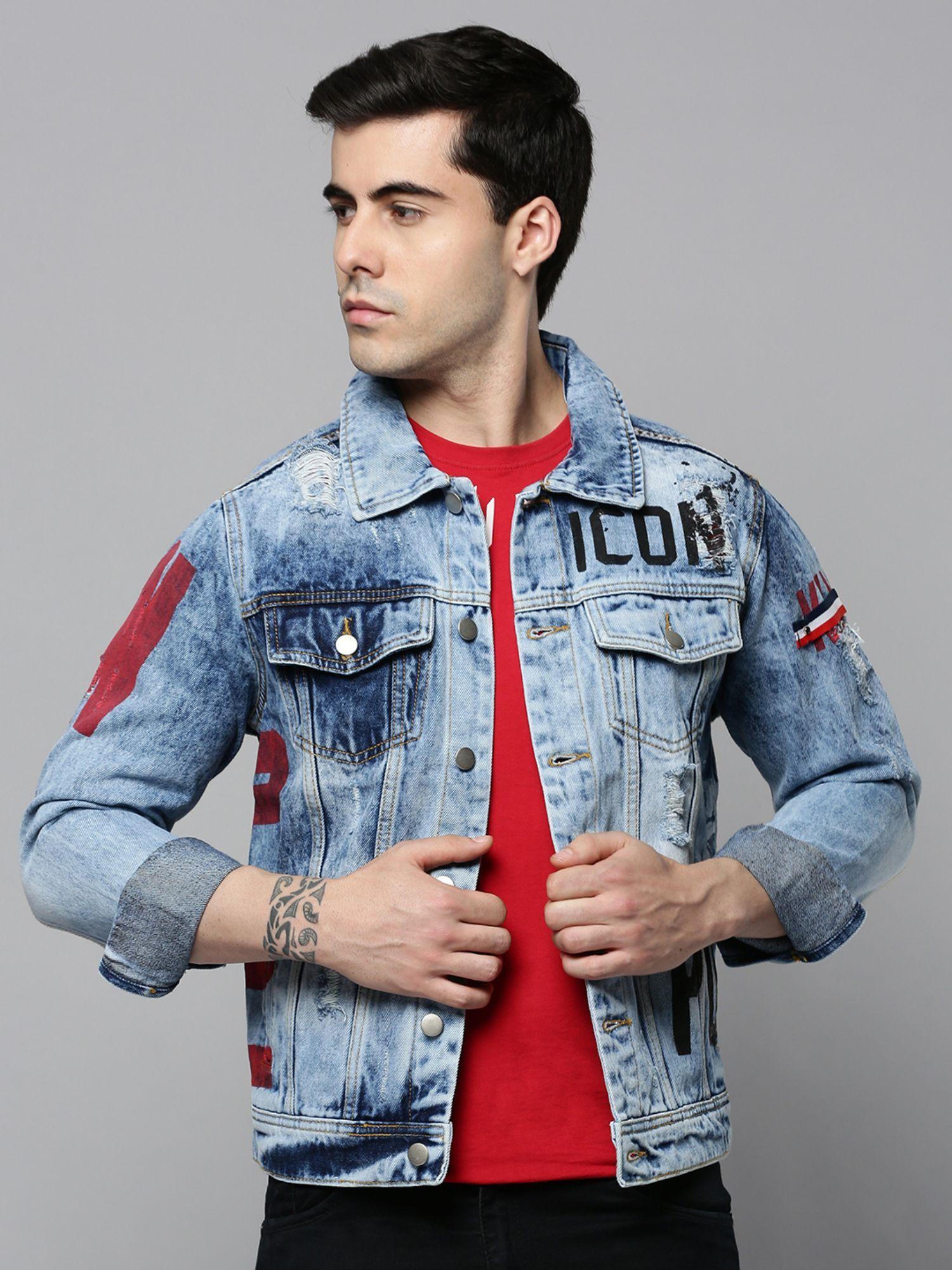 mens spread collar blue solid denim jacket