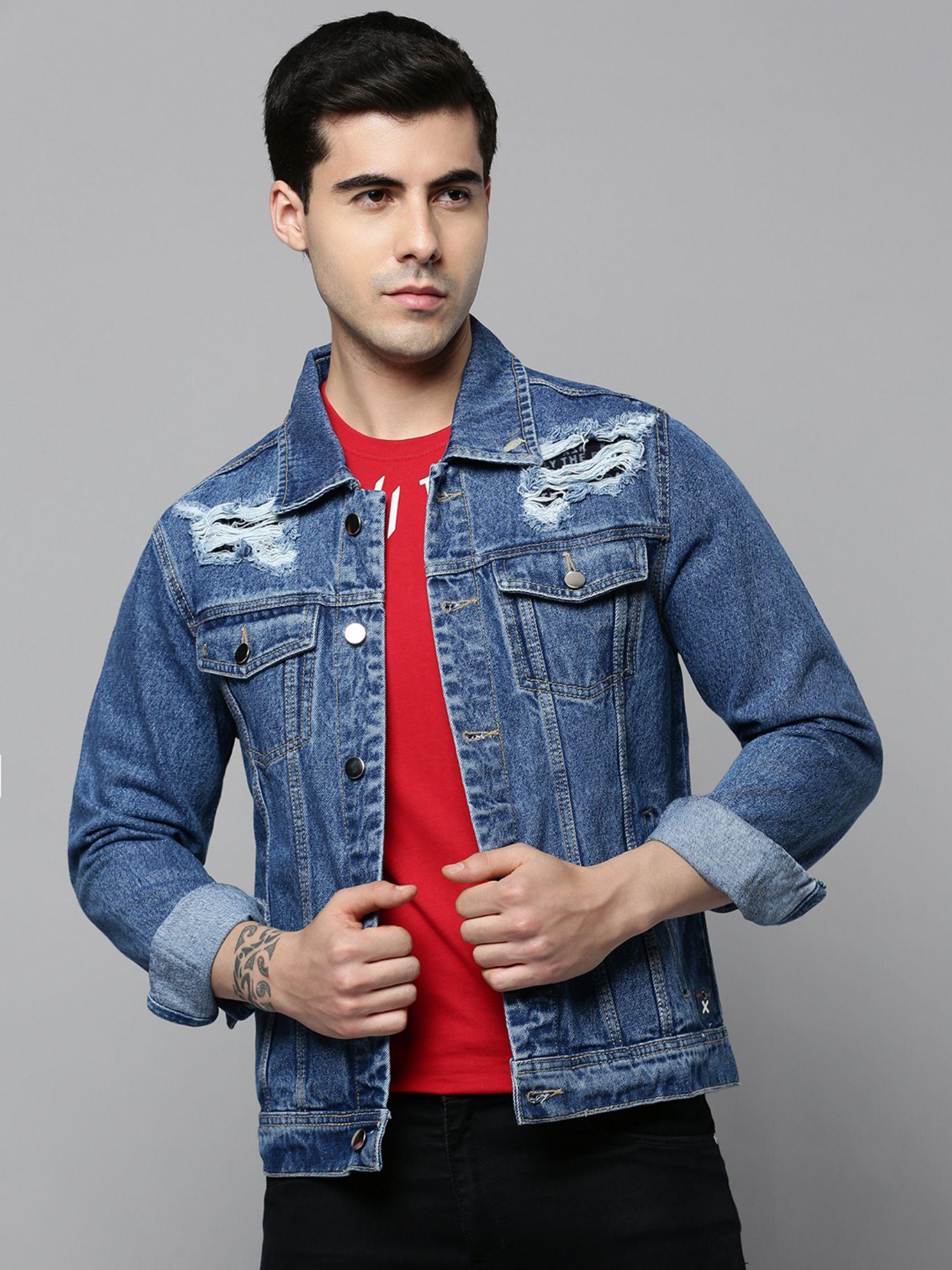 mens spread collar blue solid denim jacket