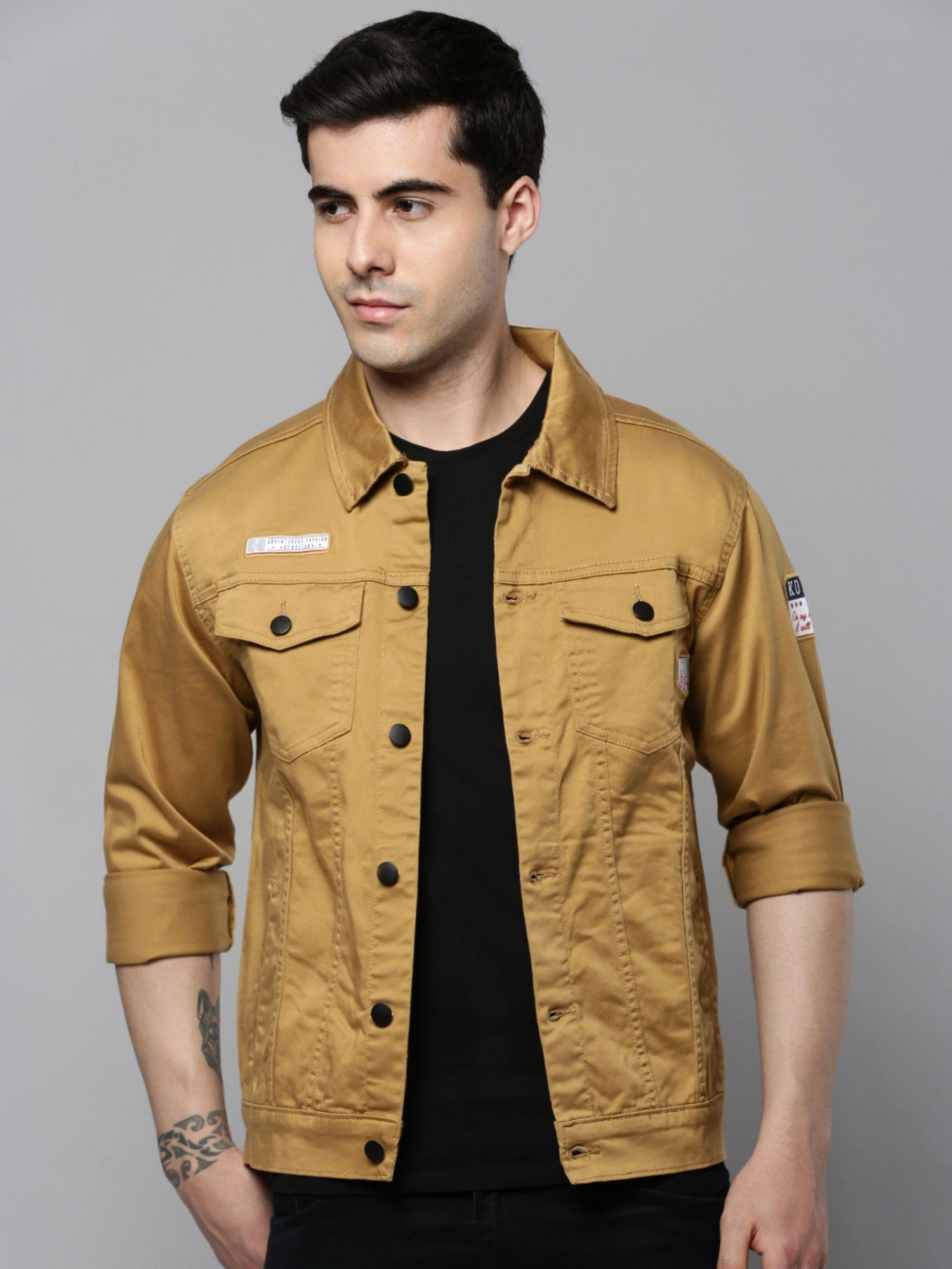 mens spread collar khaki solid open front jacket