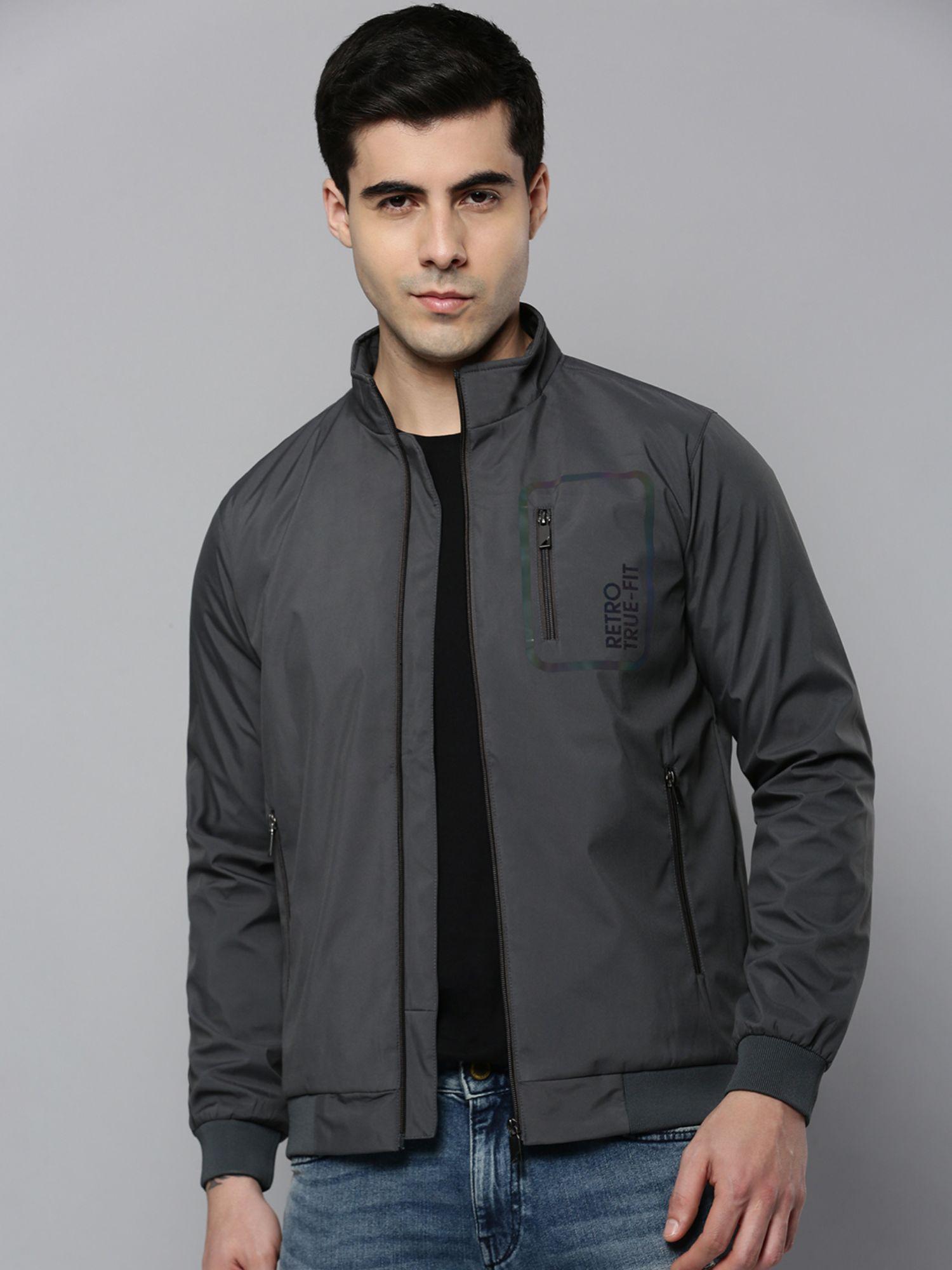 mens stand collar grey solid open front jacket