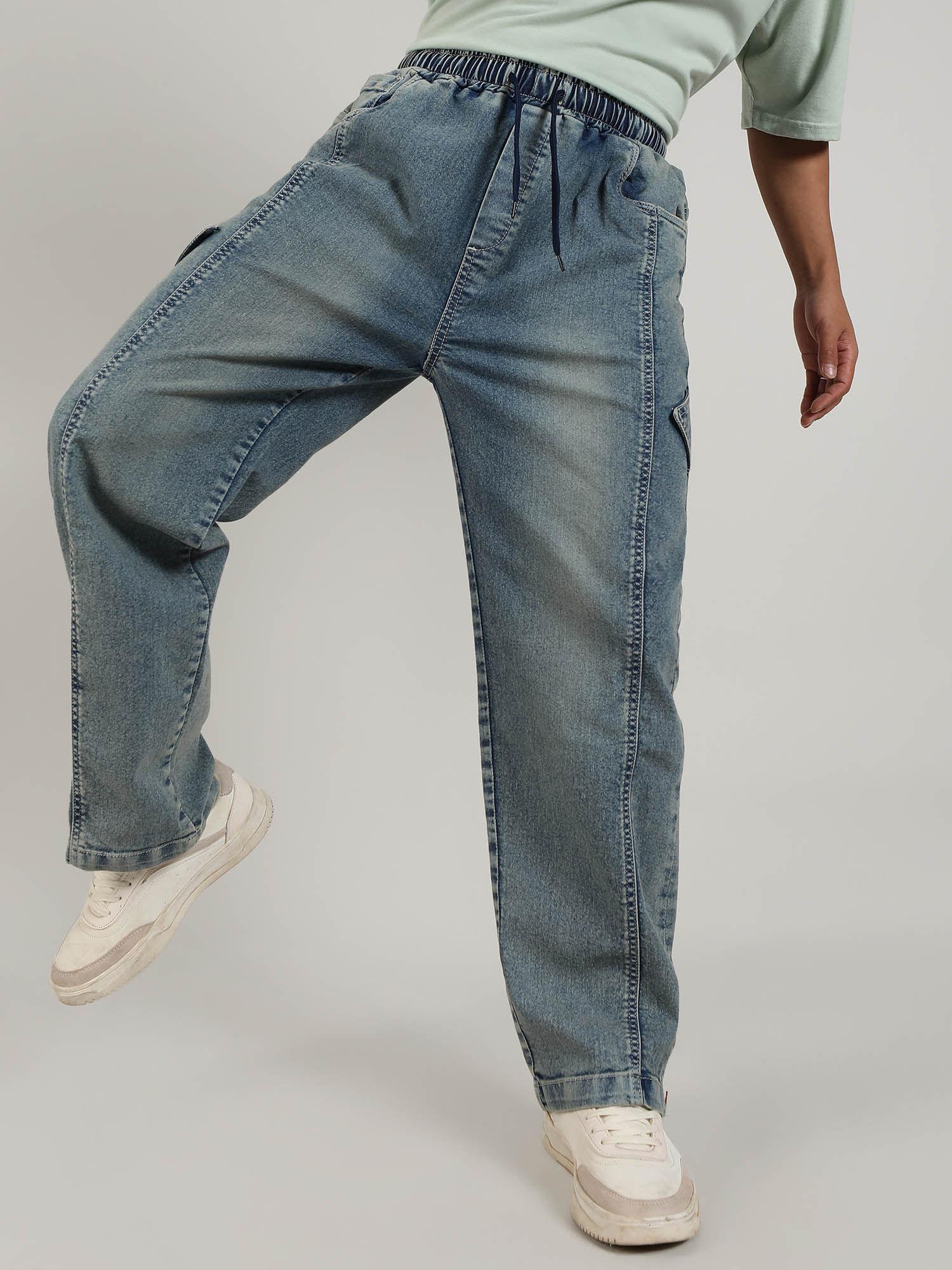 mens steel blue acid-wash baggy denim jeans