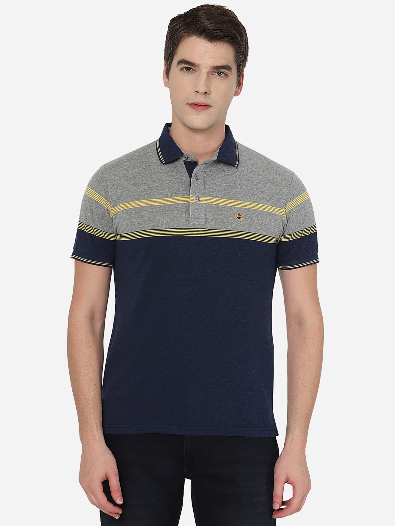 mens striped grey & navy blue cotton slim fit polo t-shirt