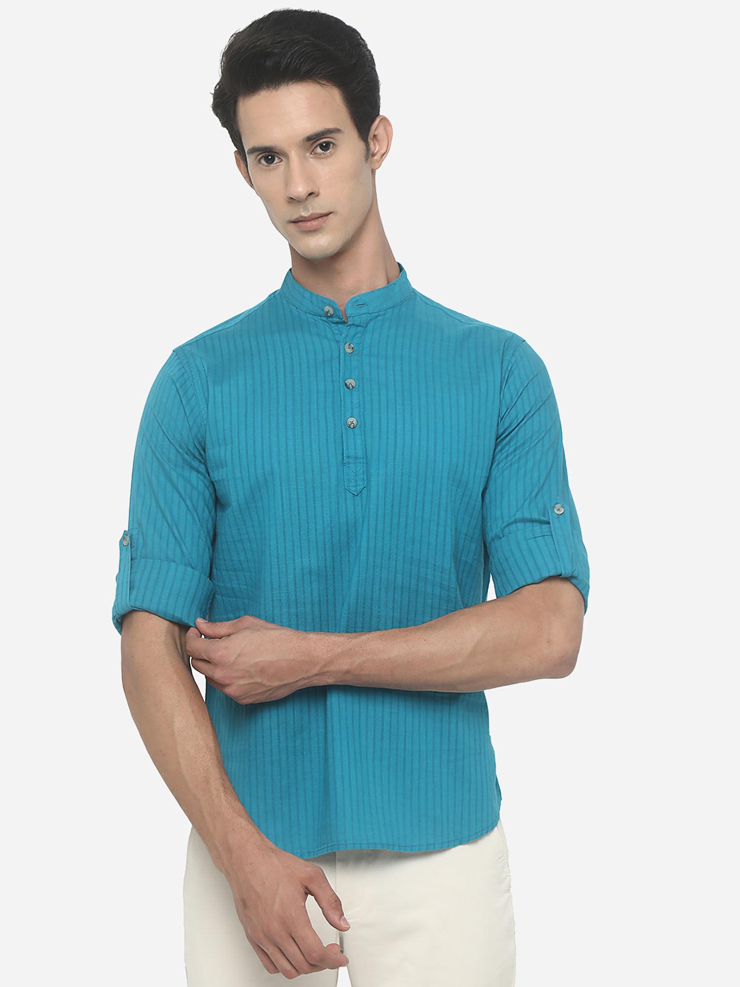 mens striped light blue cotton mandarin collar semi casual shirt