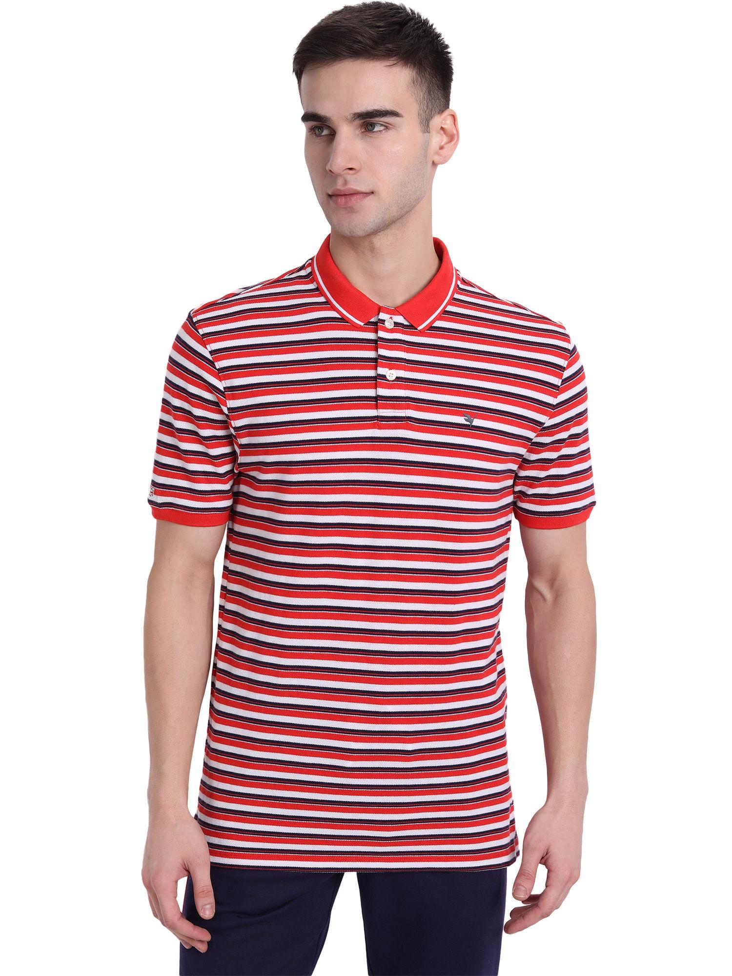 mens stripes fiery red - white - navy polo t-shirt
