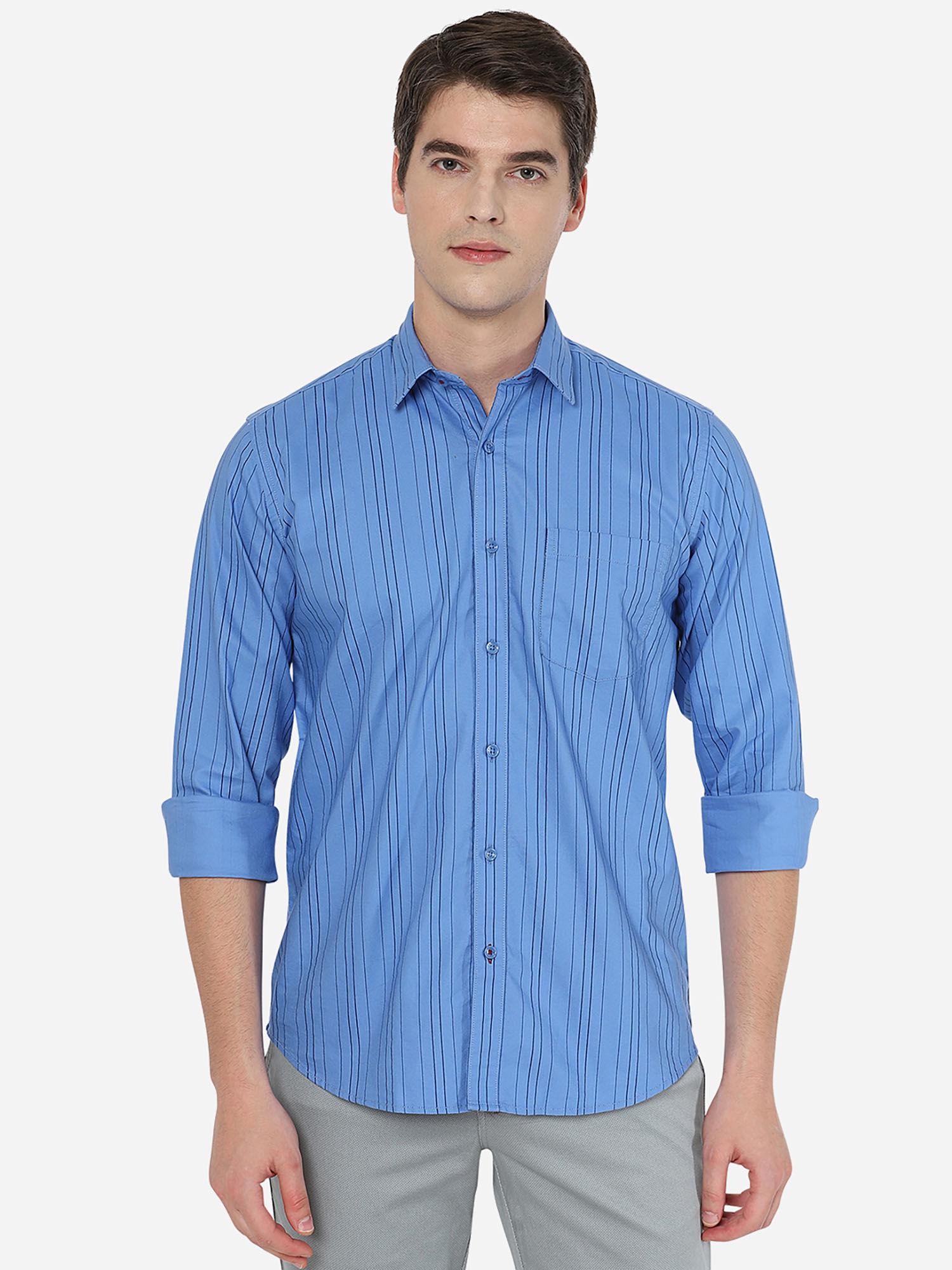 mens stripes oxford blue cotton casual slim fit shirt