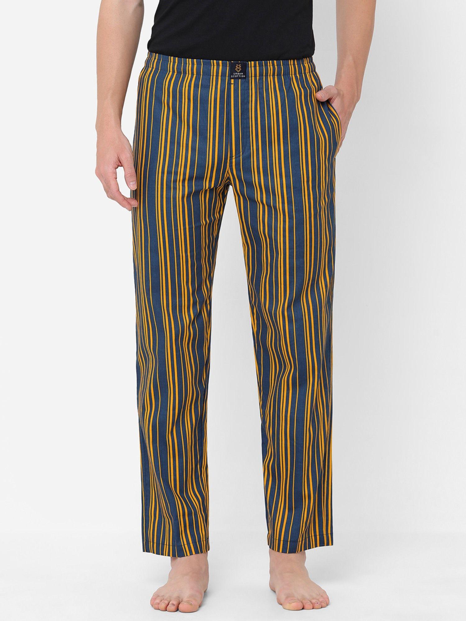 mens stripes printed cotton pyjamas yellow