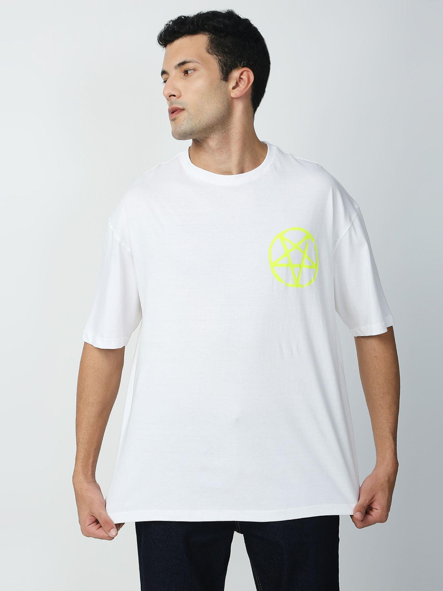 mens stylish baggy white color front & back printed round neck t-shirt