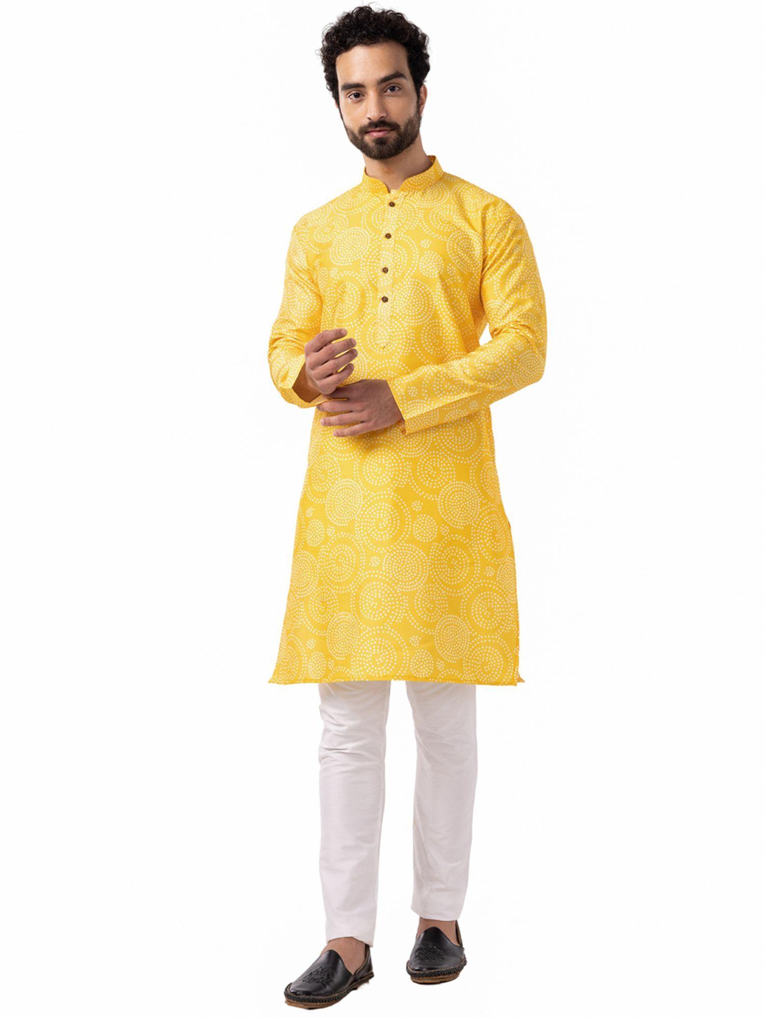 mens sunflower yellow & cream cotton silk blend comfort fit printed kurta