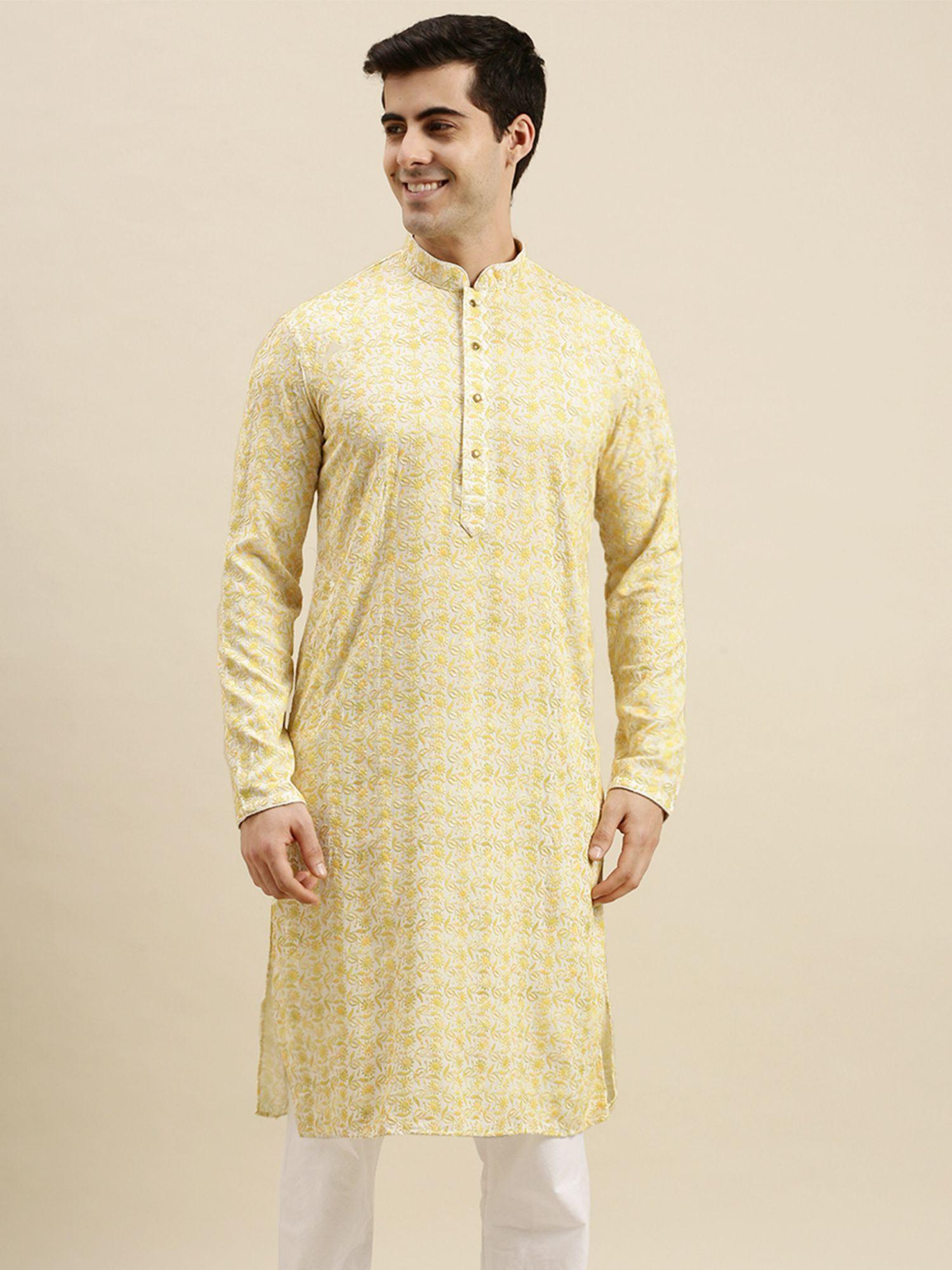 mens sunflower yellow chickenkari long sleeve cotton designer kurta