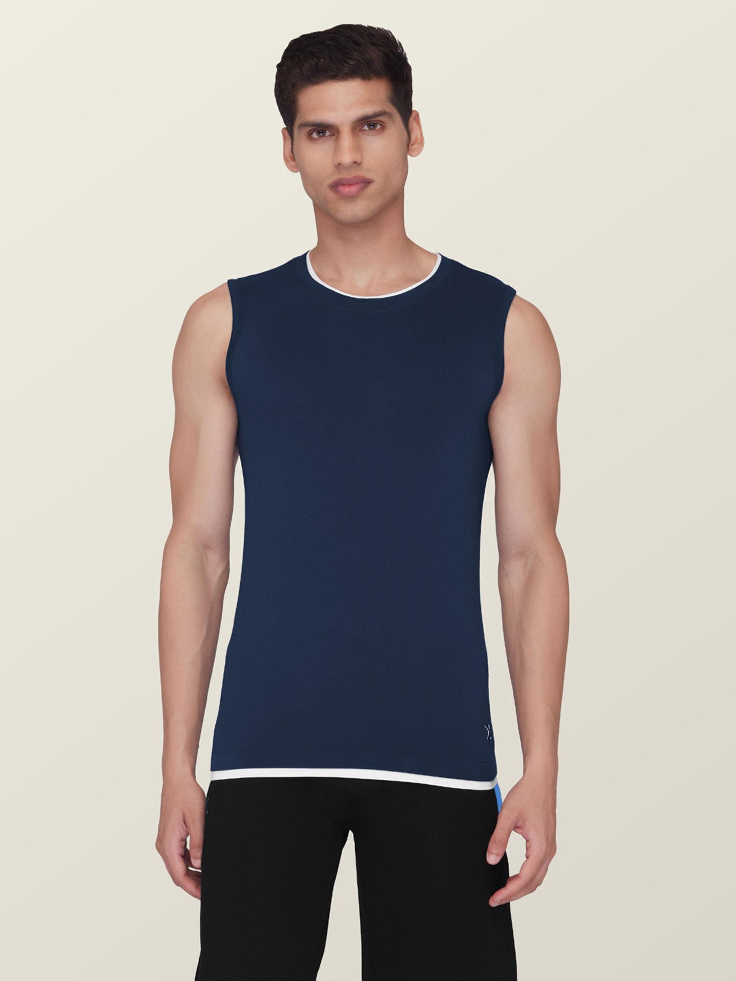 mens super combed cotton gym vest for men with anti-bacterial silver finish navy blue