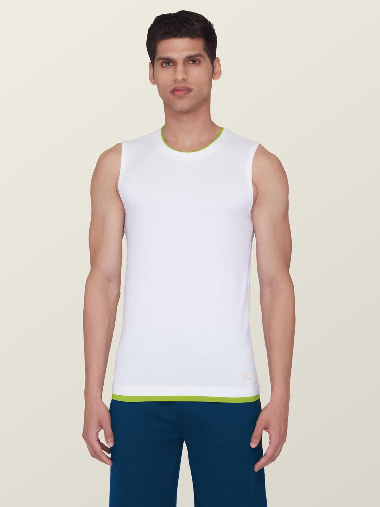 mens super combed cotton gym vest for men with anti-bacterial silver finish white