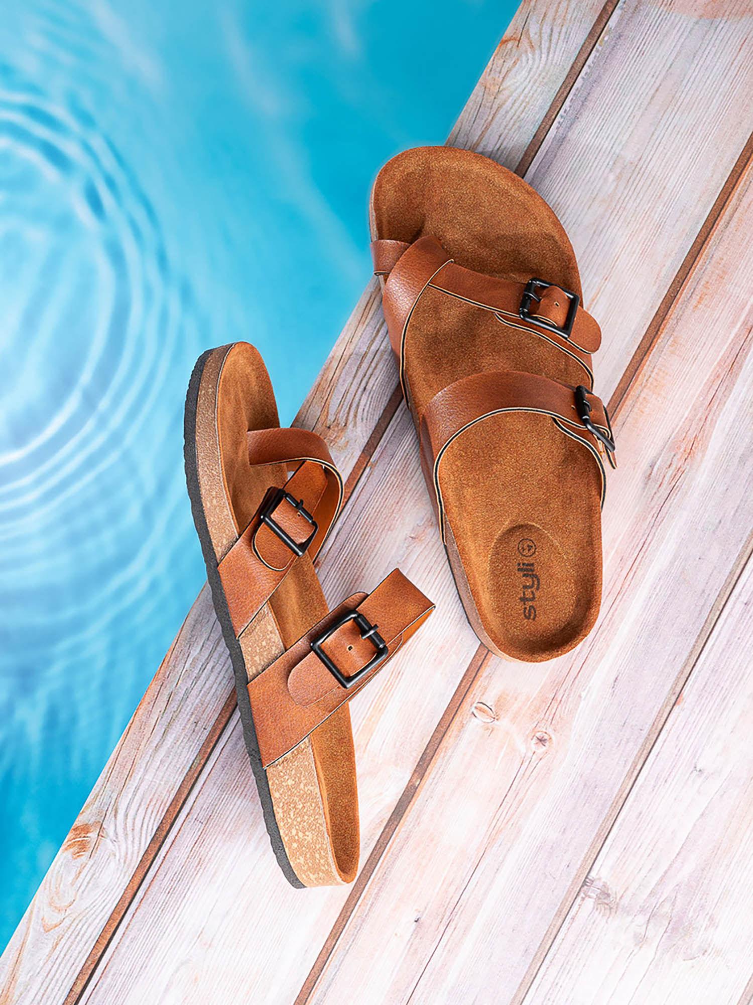 mens tan double strap thick sole casual sandal synthetic