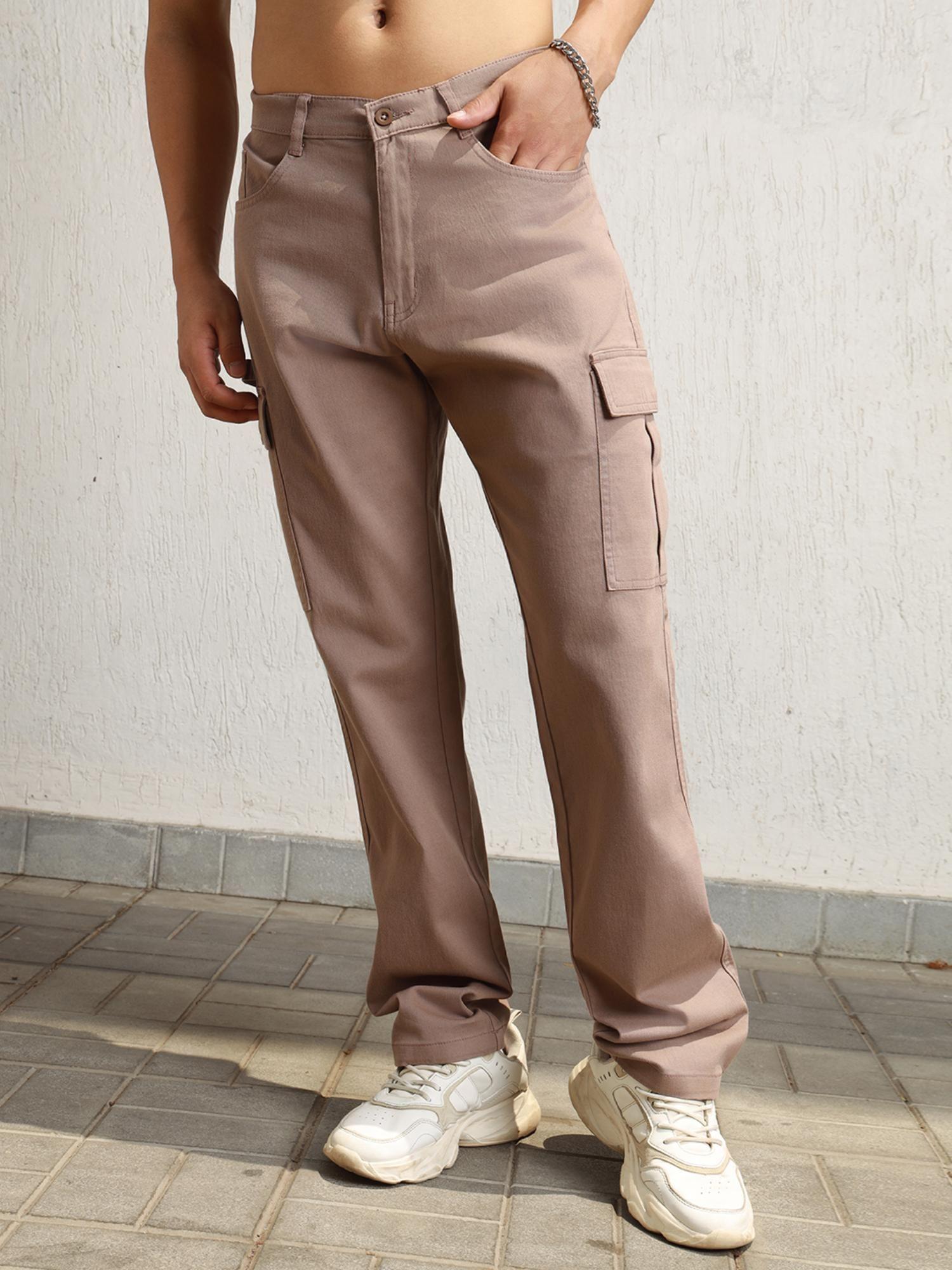 mens taupe smart casual summer cotton loose fit mid rise cargo pant