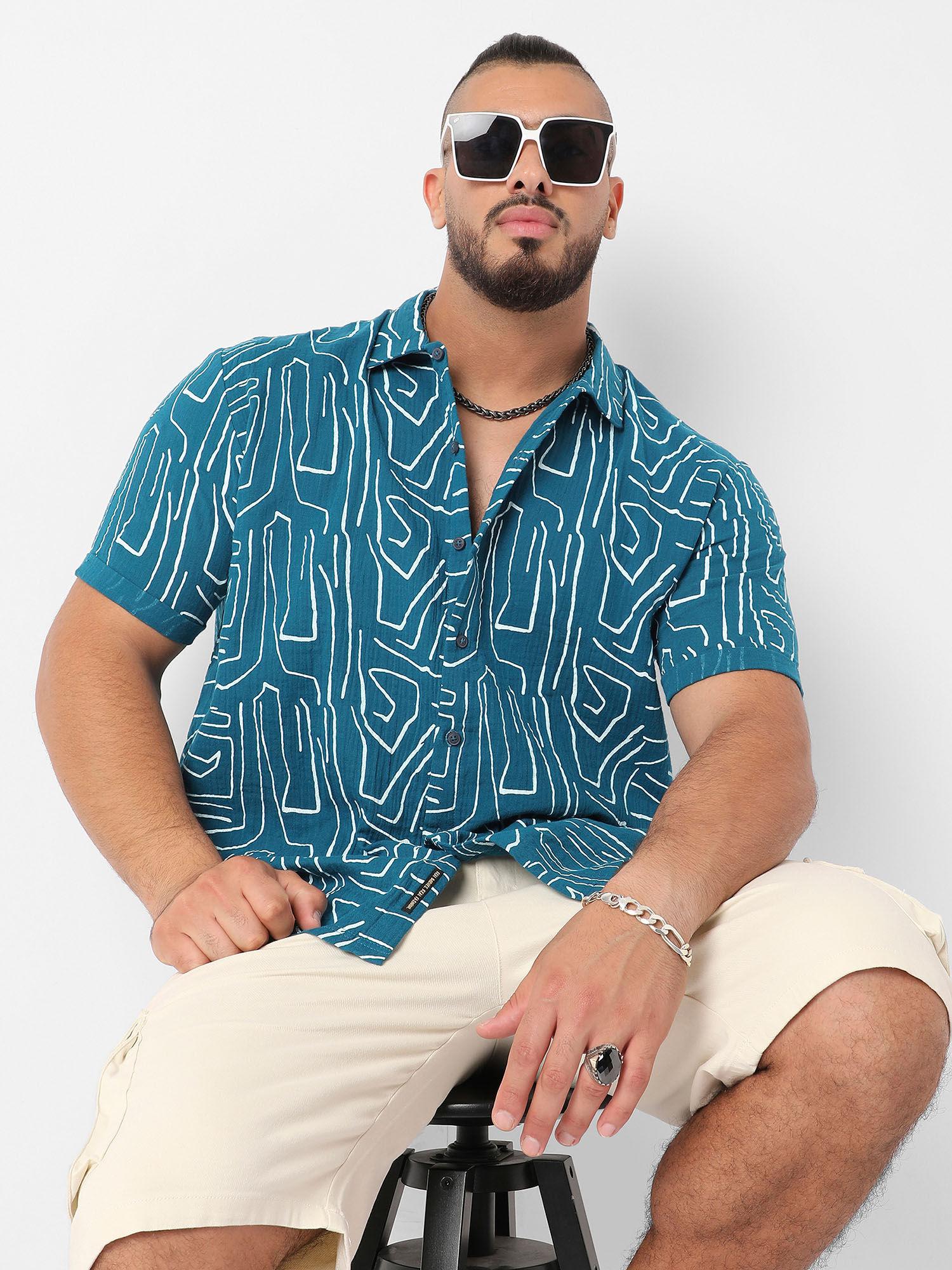 mens teal blue abstract lines print shirt