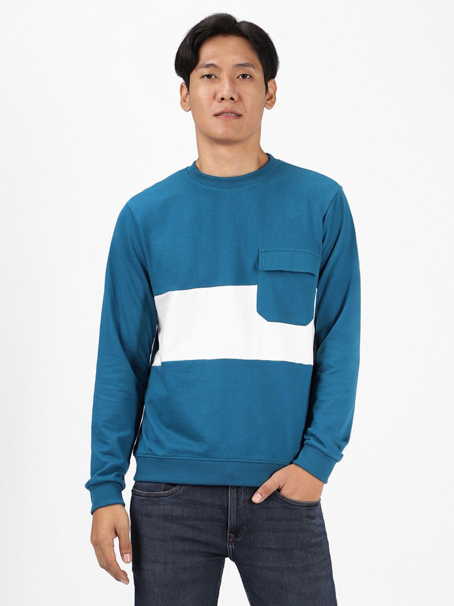 mens teal cotton color block round neck sweatshirt