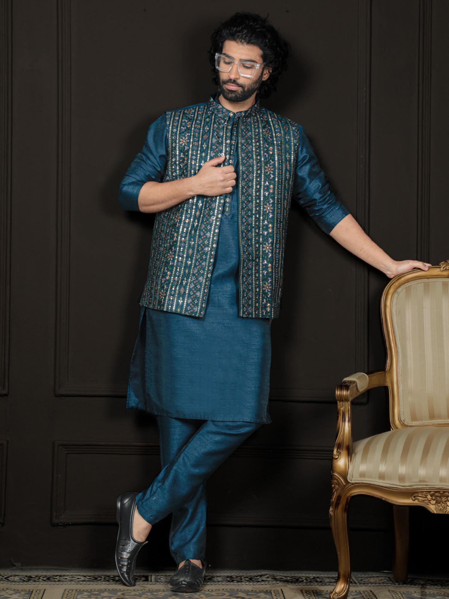 mens teal dupion silk jacket kurta and pyjama (set of 3)