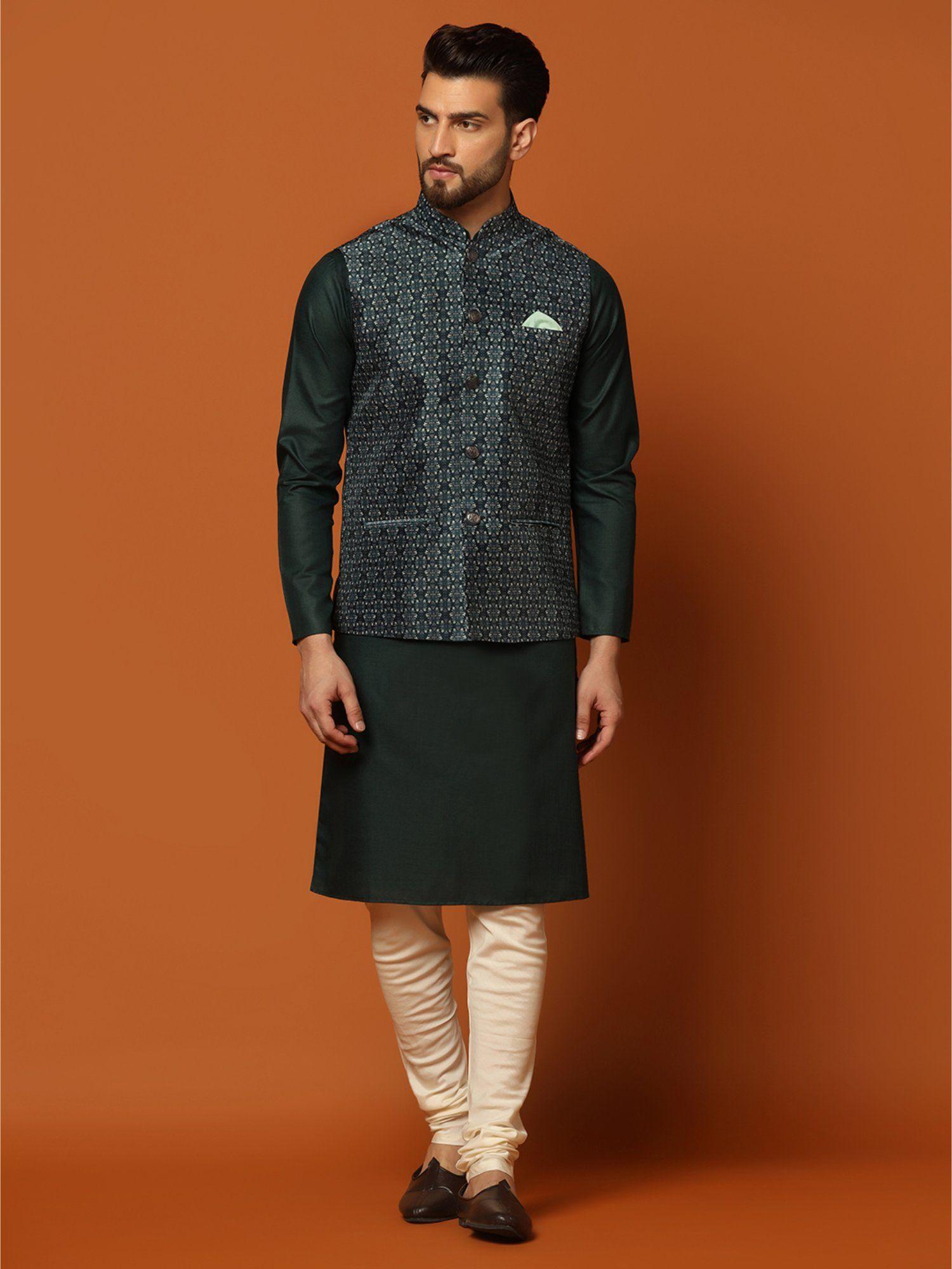 mens teal jacket kurta churidar (set of 3)