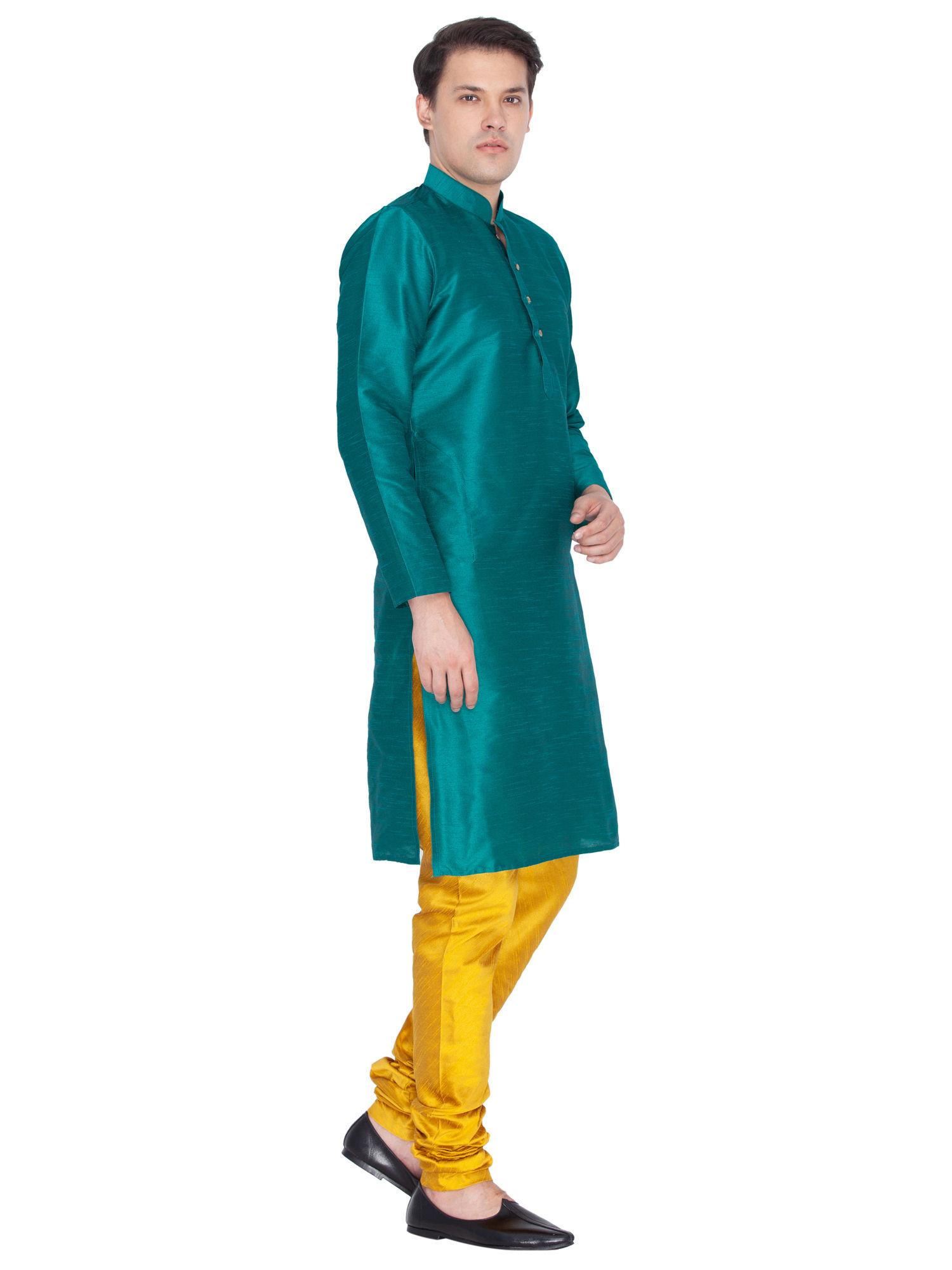 mens teal silk blend kurta and churidar (set of 2)