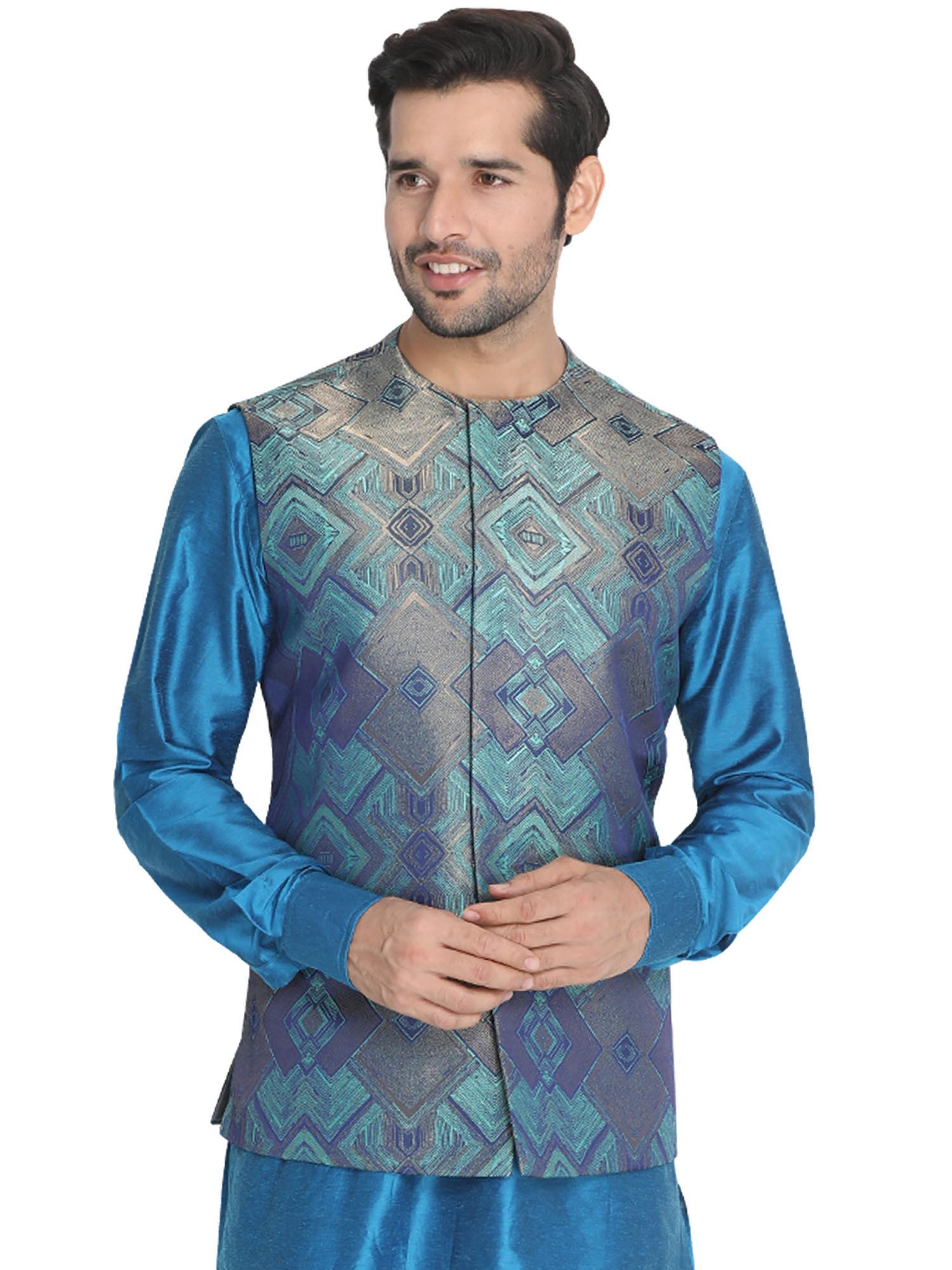 mens teal silk blend nehru jacket